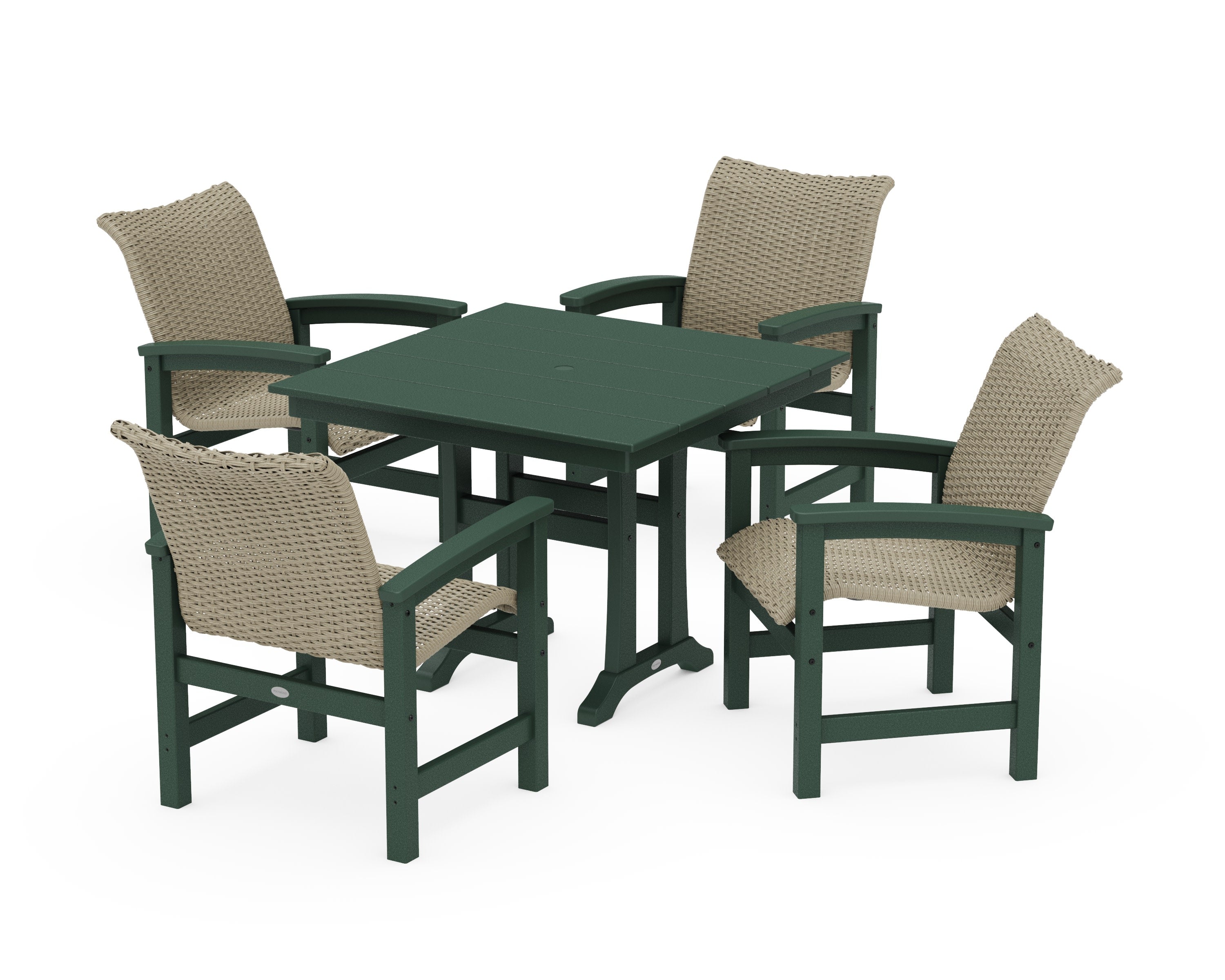 Coastal Woven 5-Piece Farmhouse Dining Set with Trestle Legs in Green / Dune Grass