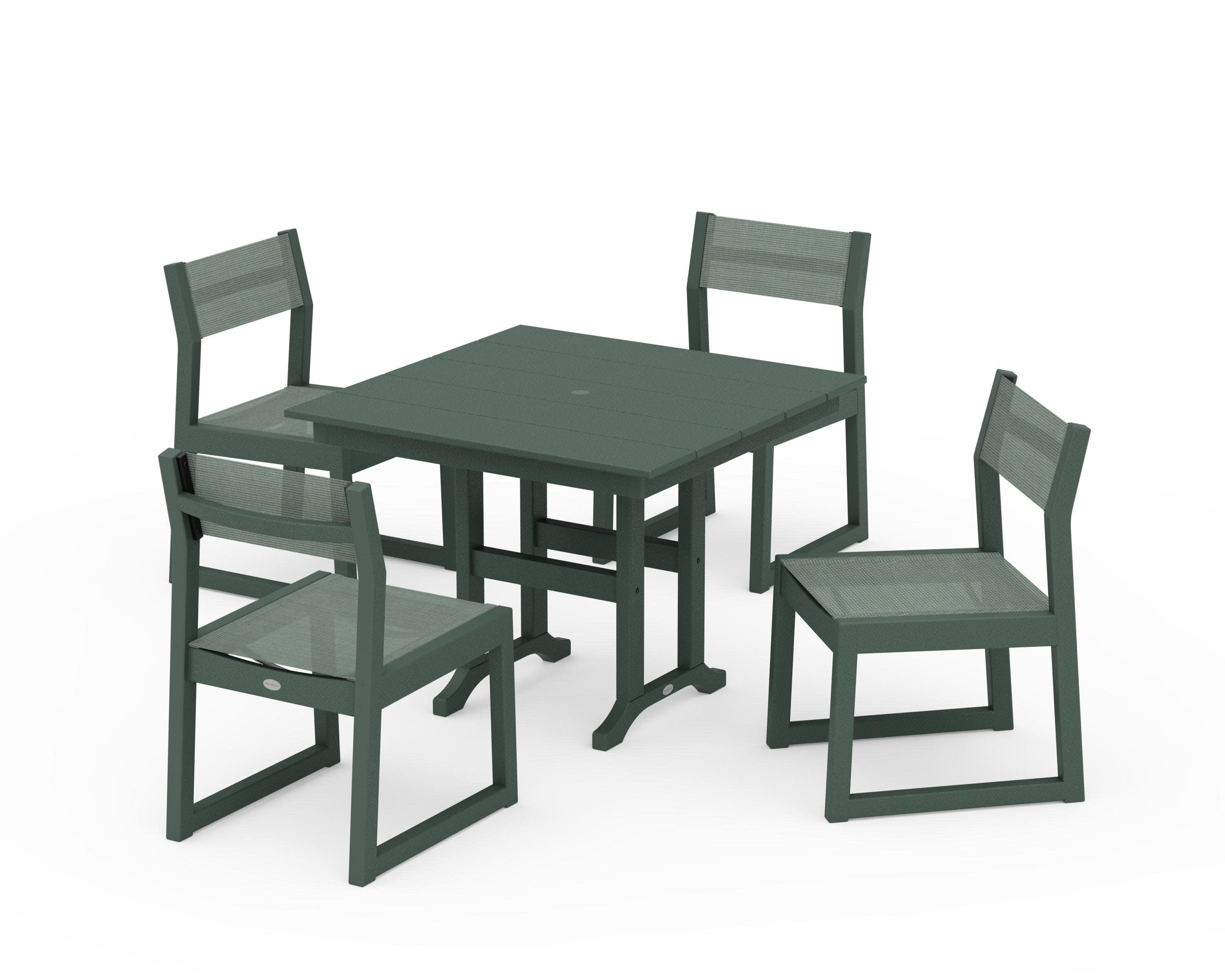 EDGE Sling Side Chair 5-Piece Farmhouse Dining Set in Green / Dupioni Sea Mist Sling