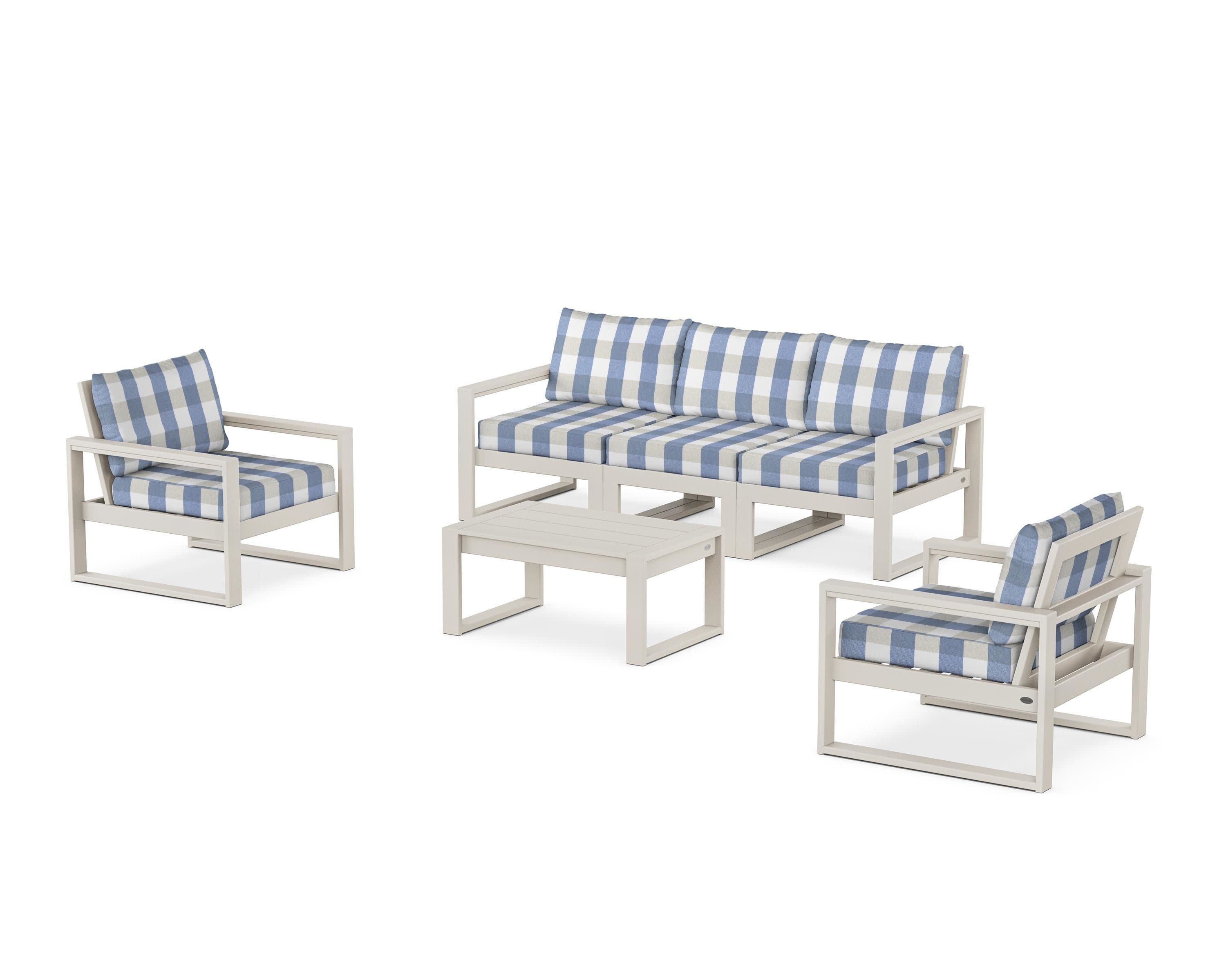 EDGE Sectional 4-Piece Deep Seating Set with Sofa in Sand / Buffalo Plaid Sky Blue