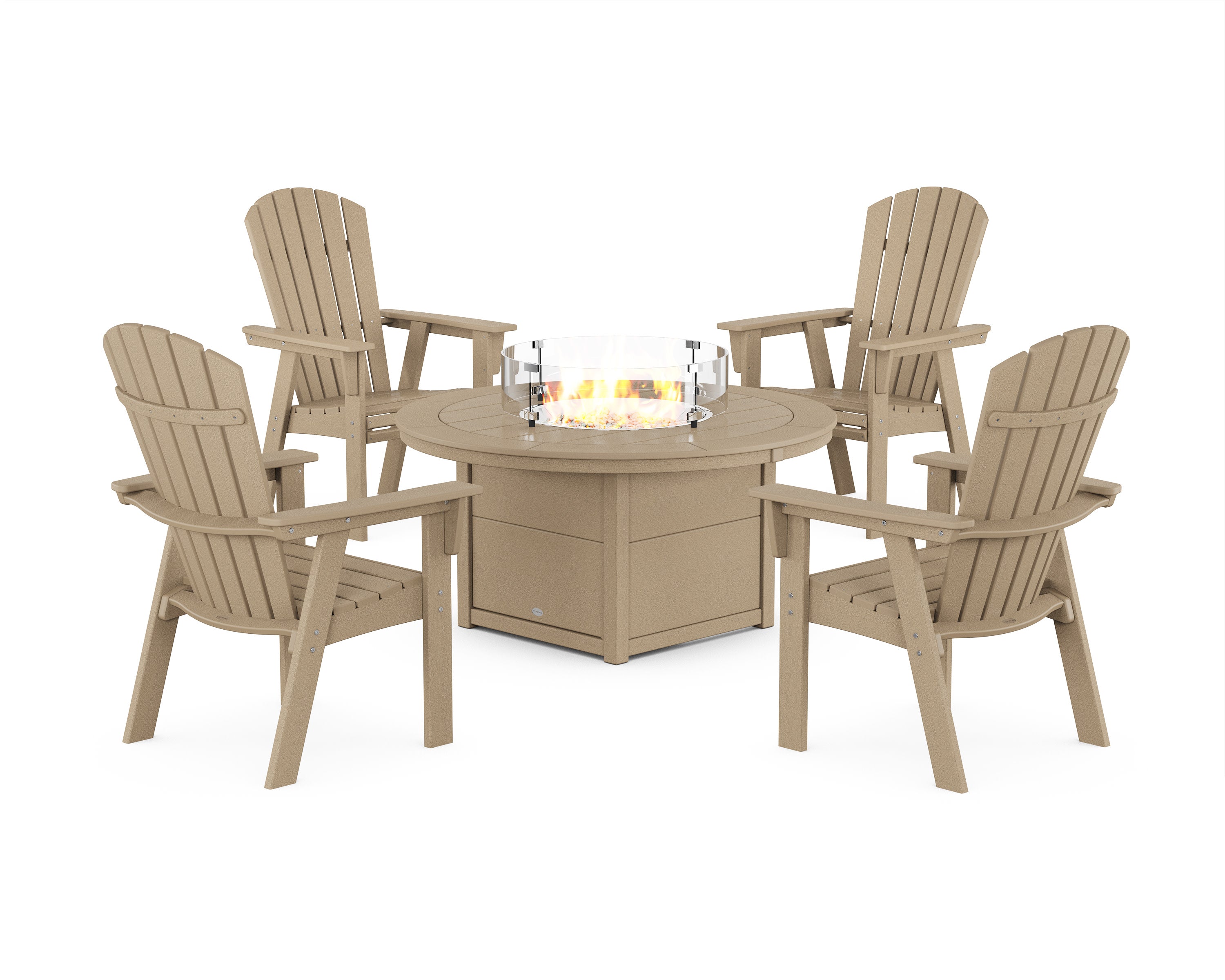 Nautical 4-Piece Curveback Upright Adirondack Conversation Set with Fire Pit Table in Vintage Sahara