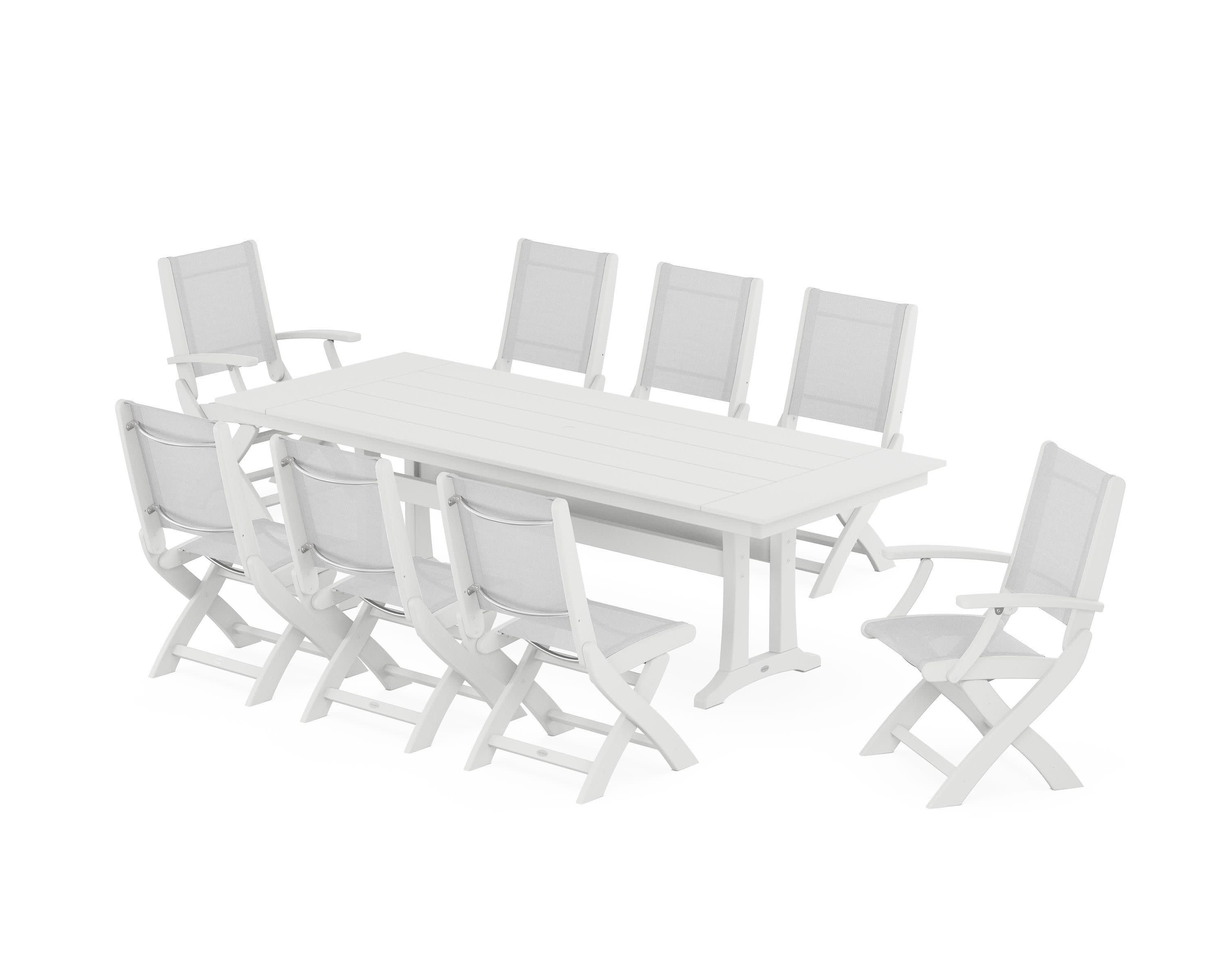 Coastal 9-Piece Folding Dining Chair Farmhouse Dining Set with Trestle Legs in White / White Sling