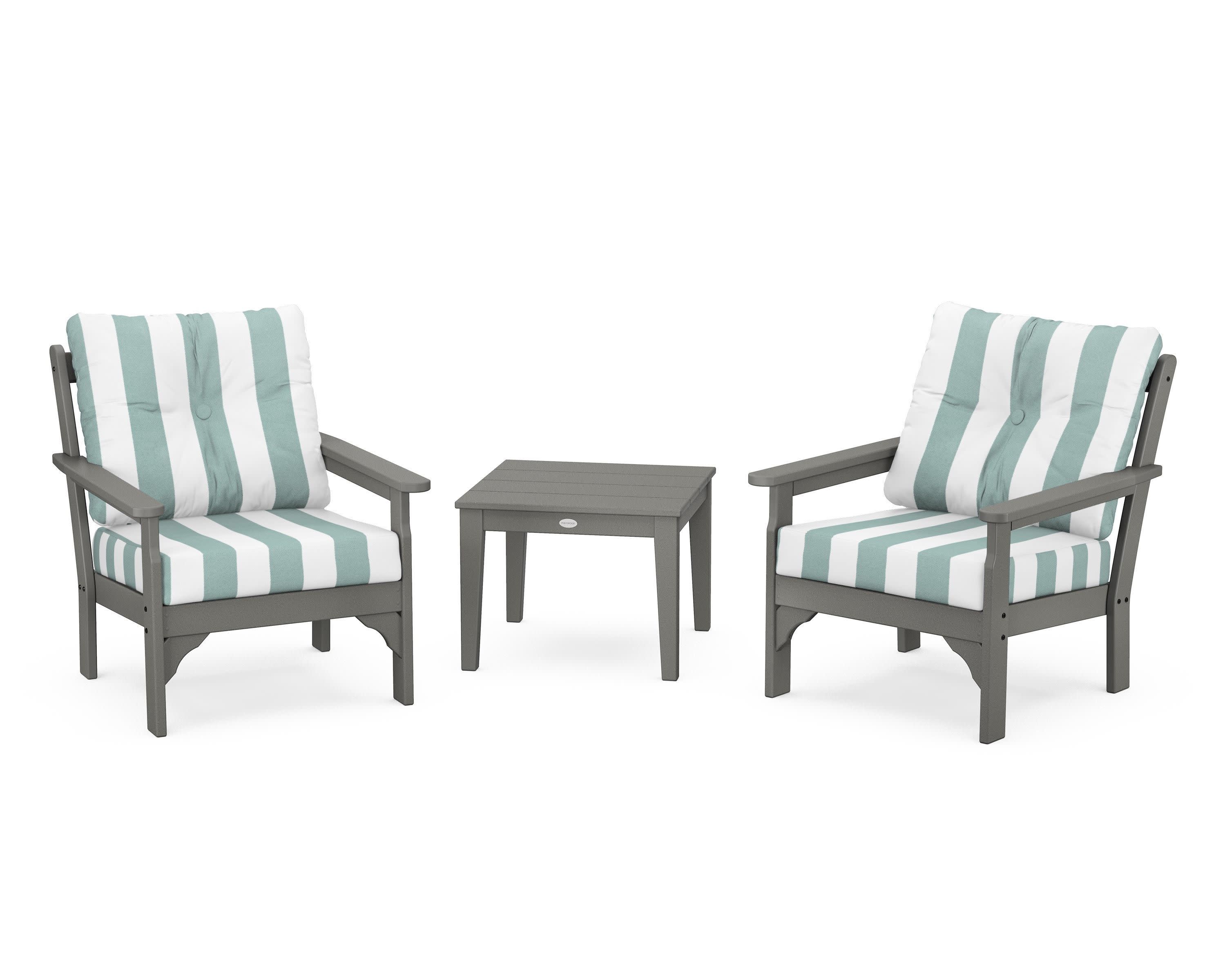Vineyard 3-Piece Deep Seating Set in Slate Grey / Cabana Stripe Glacier Spa