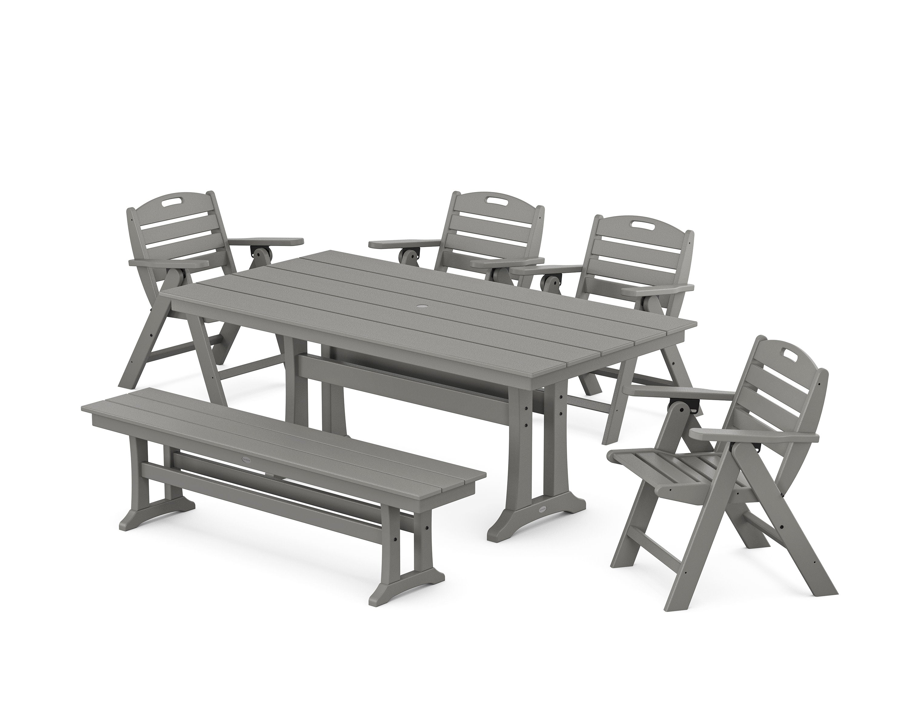 Nautical Lowback 6-Piece Farmhouse Dining Set with Trestle Legs and Bench in Slate Grey