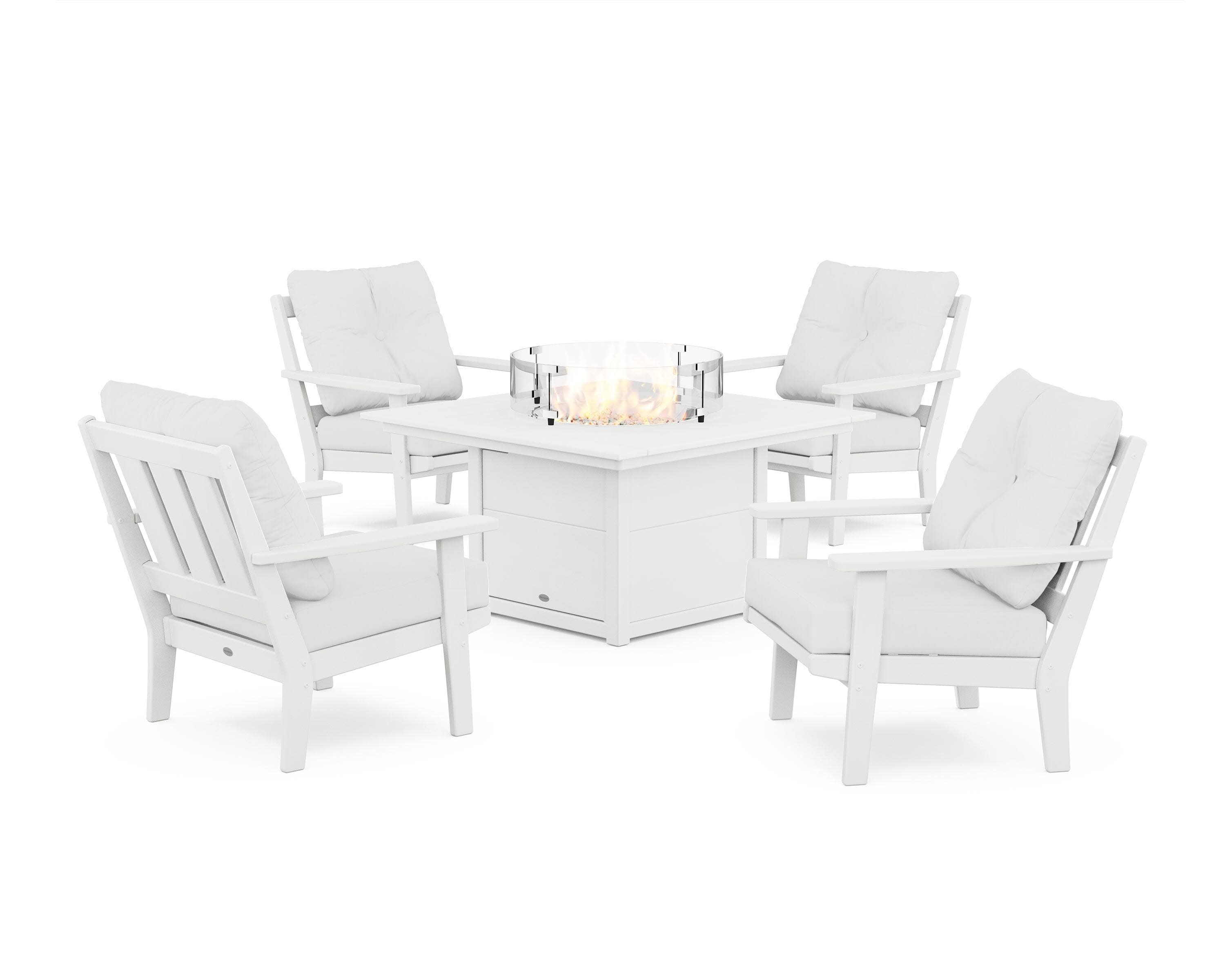Oxford 5-Piece Deep Seating Set with Fire Pit Table in White / Natural