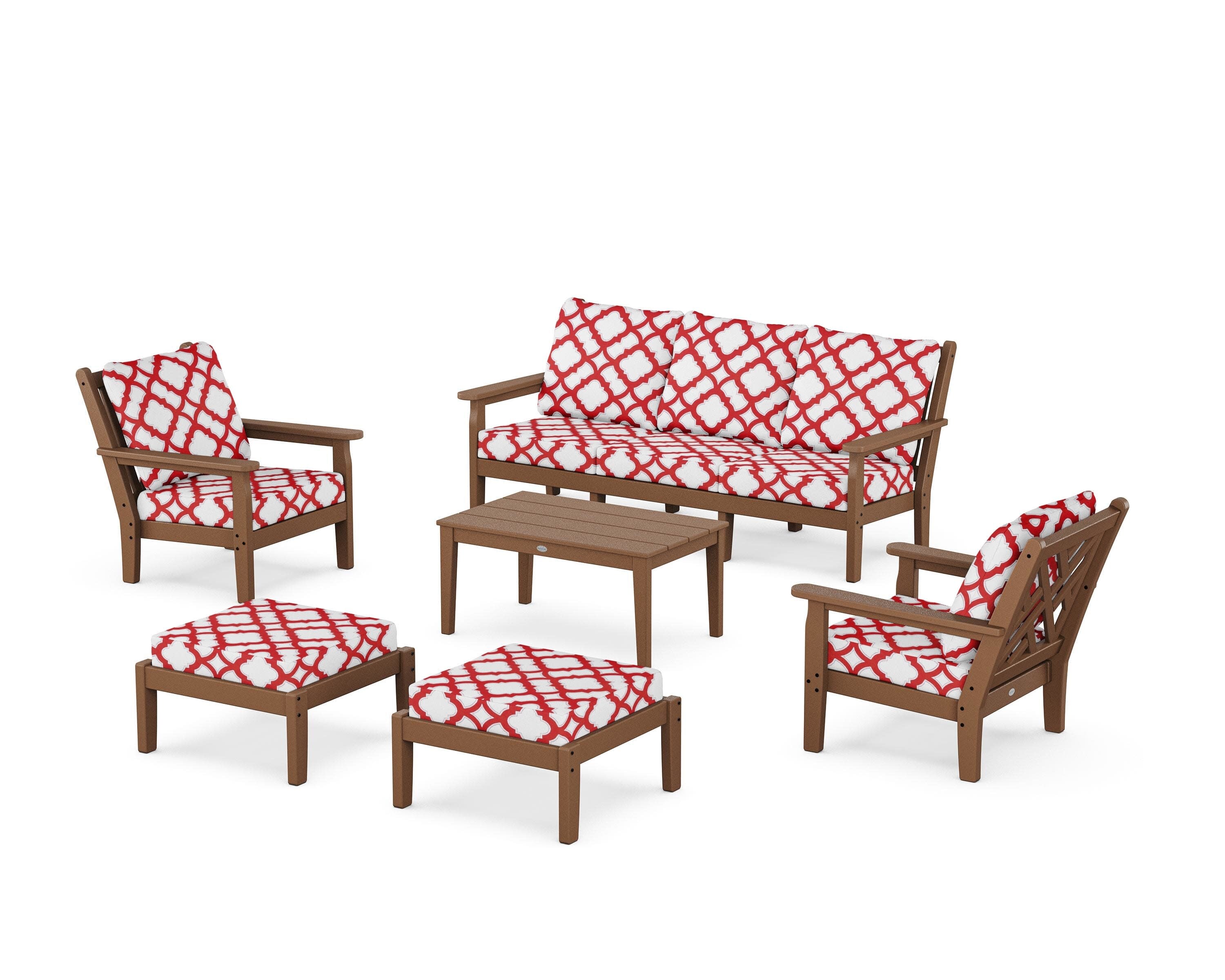 Chippendale 6-Piece Lounge Sofa Set in Teak / Trellis Crimson