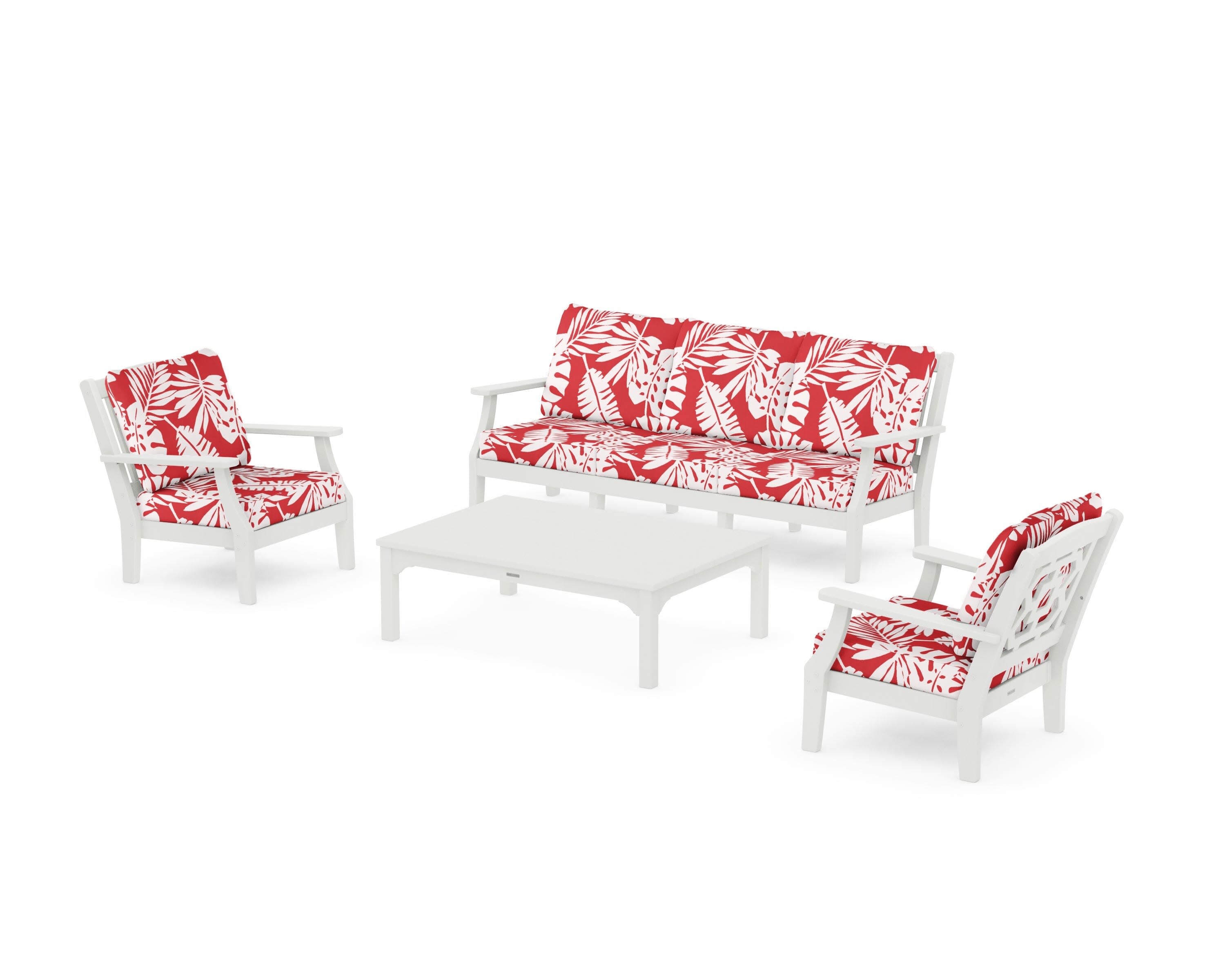 Chinoiserie 4-Piece Deep Seating Set with Sofa in Vintage White / Leaf Crimson
