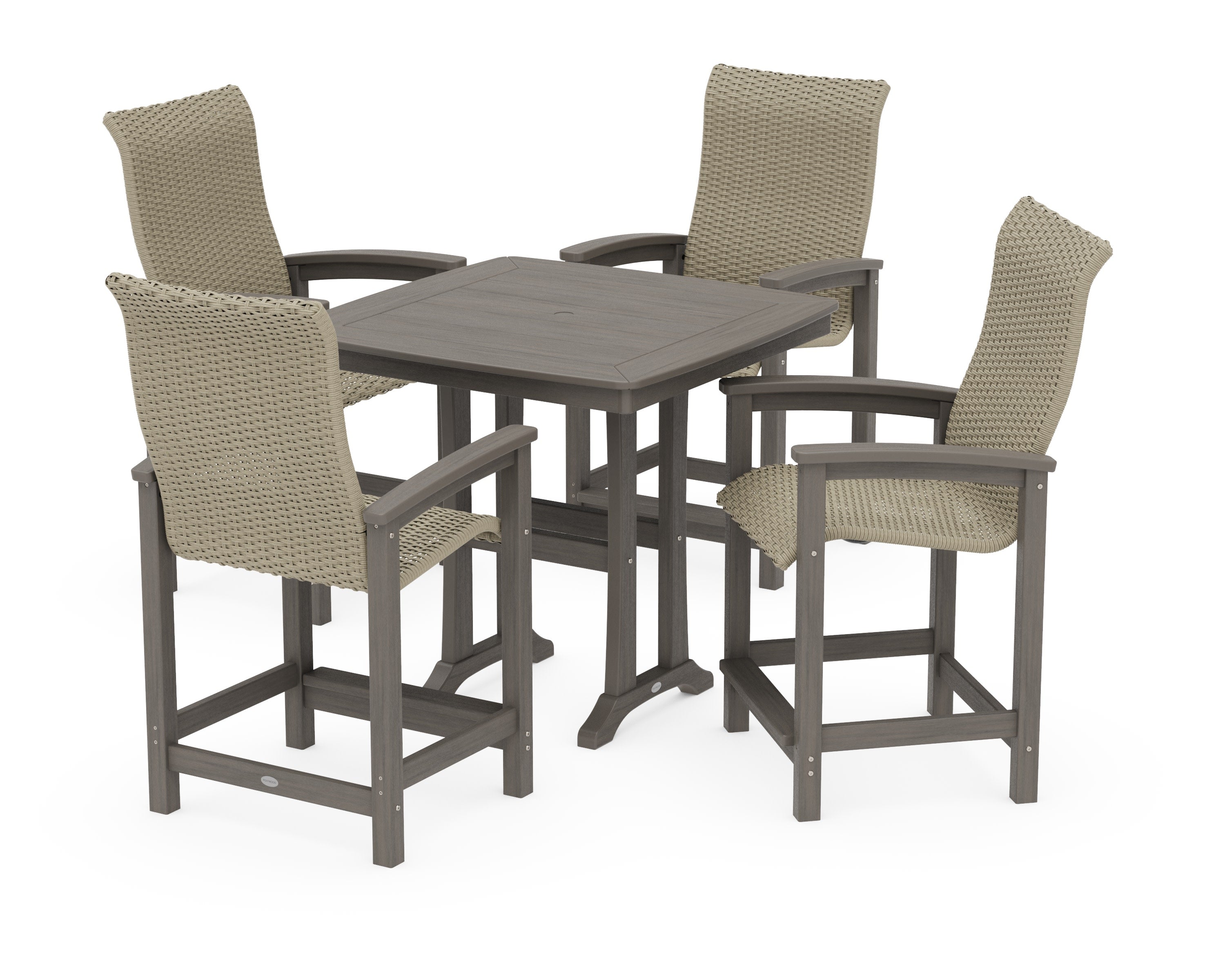 Coastal Woven High-Back 5-Piece Counter Set with Trestle Legs in Driftwood / Dune Grass