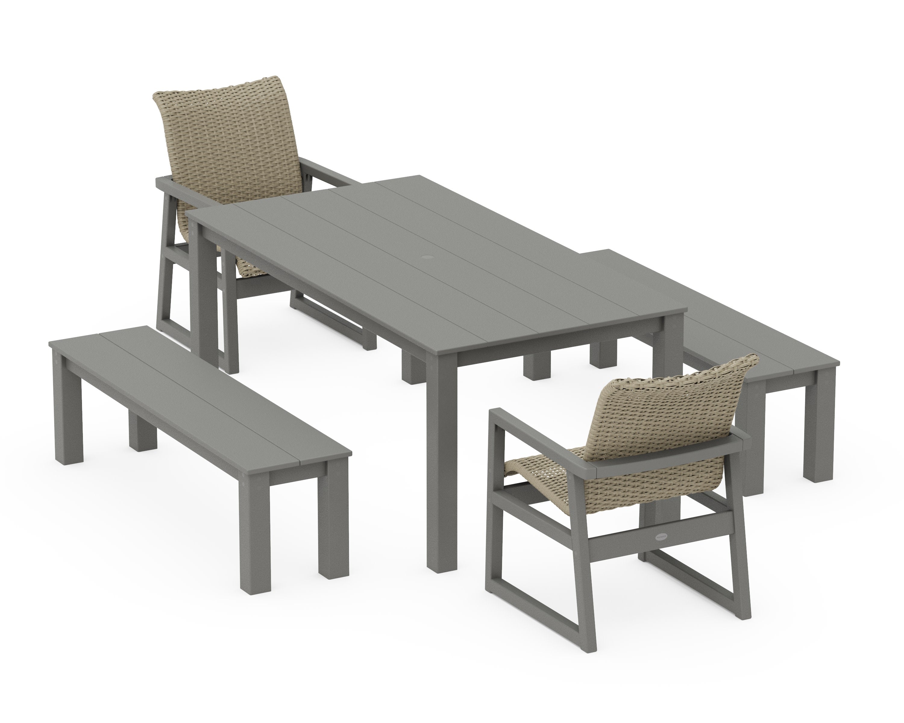EDGE Woven 5-Piece Parsons Dining Set with Benches in Slate Grey / Dune Grass