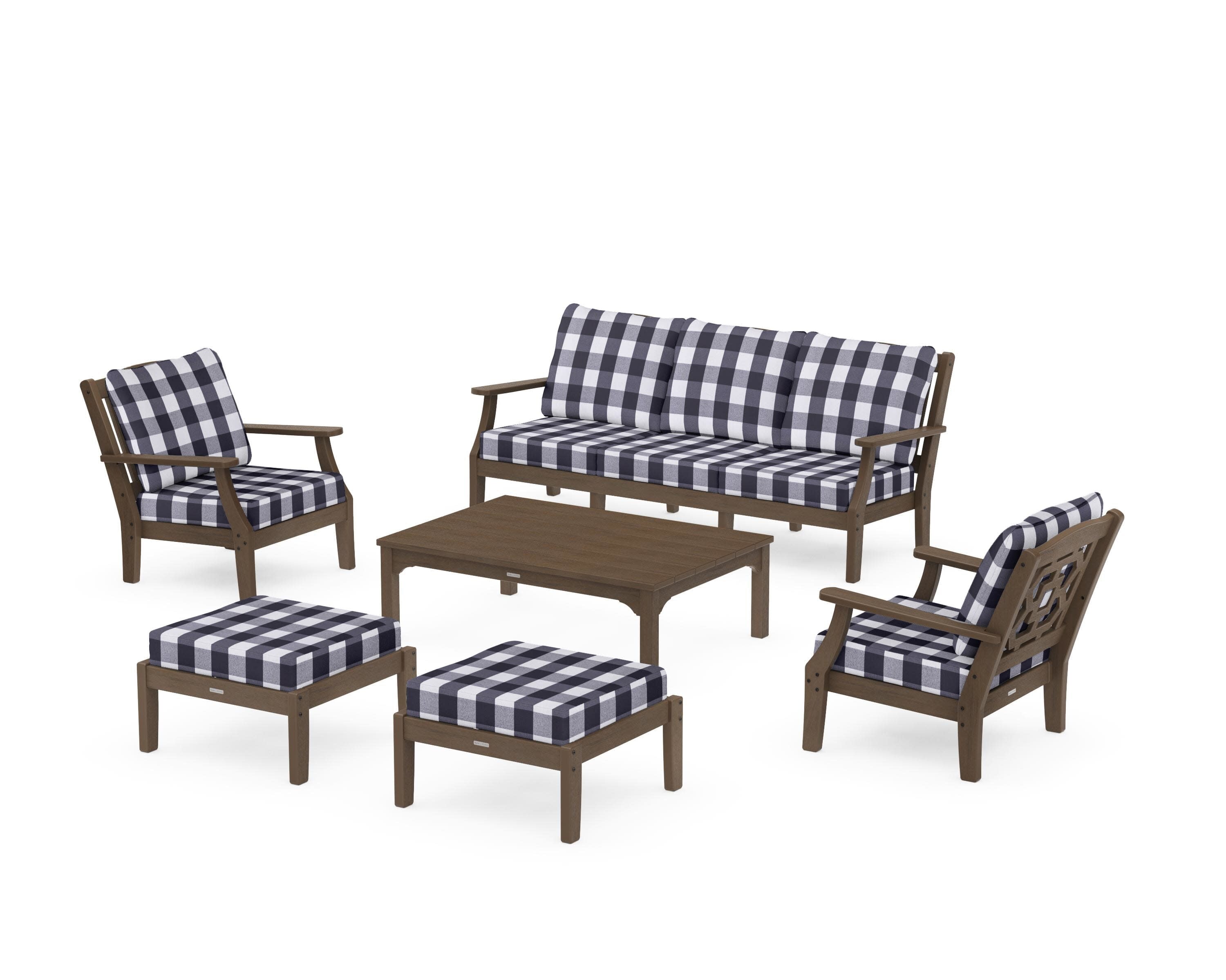 Chinoiserie 6-Piece Lounge Sofa Set in Kona / Buffalo Plaid Navy