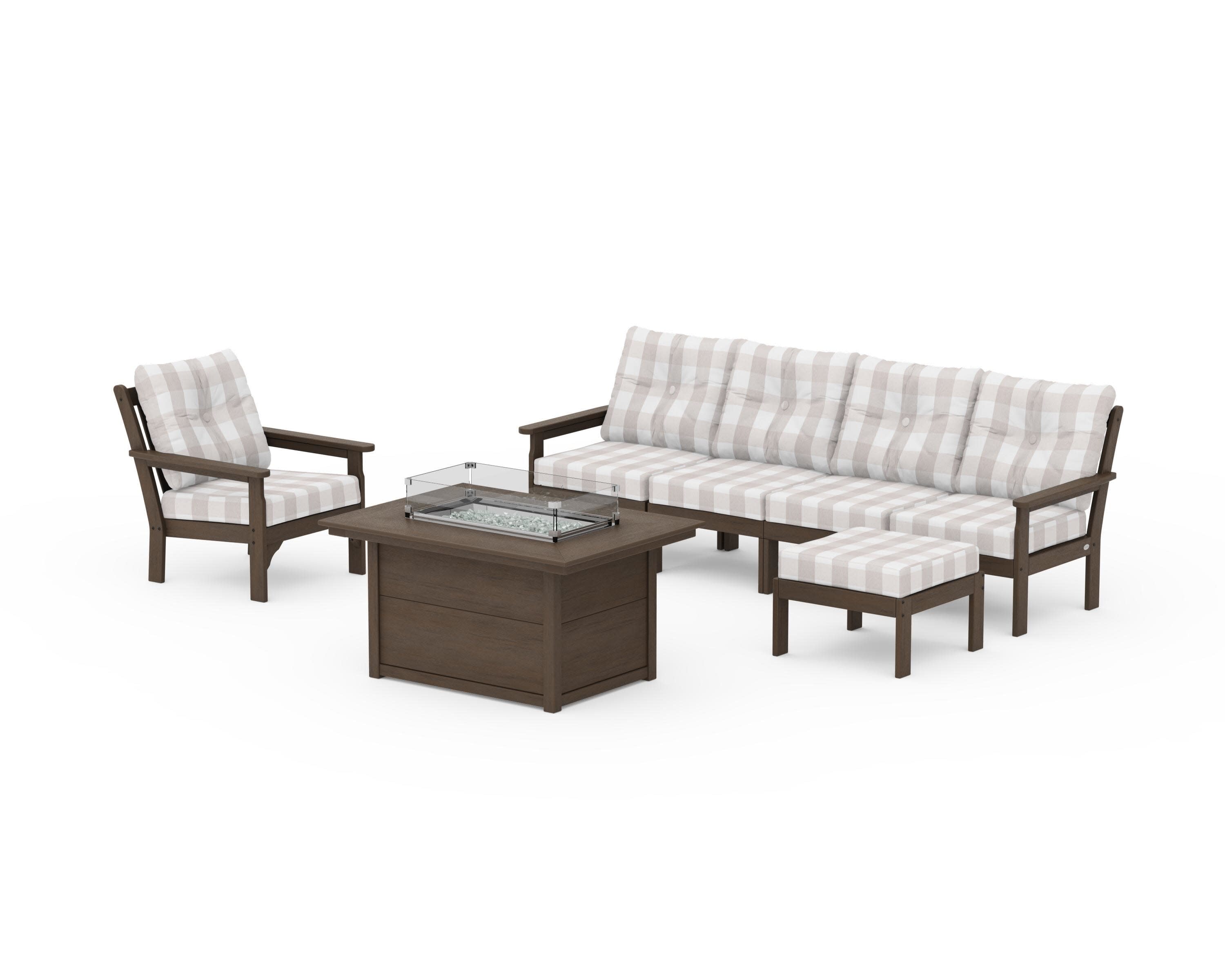 Vineyard Sectional Lounge and Fire Pit Set in Kona / Buffalo Plaid Dune Burlap