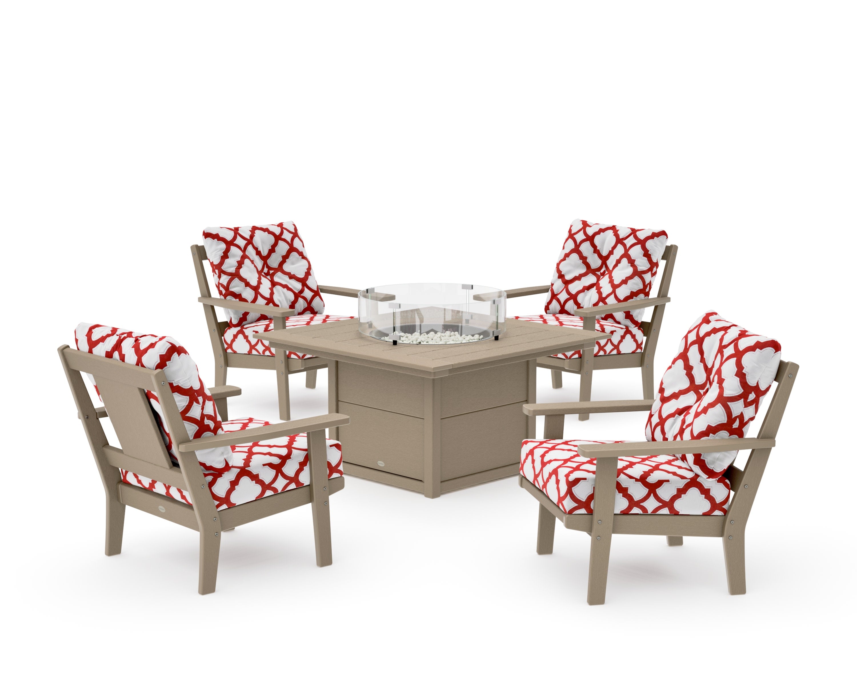 Prairie 5-Piece Deep Seating Set with Fire Pit Table in Vintage Sahara / Trellis Crimson