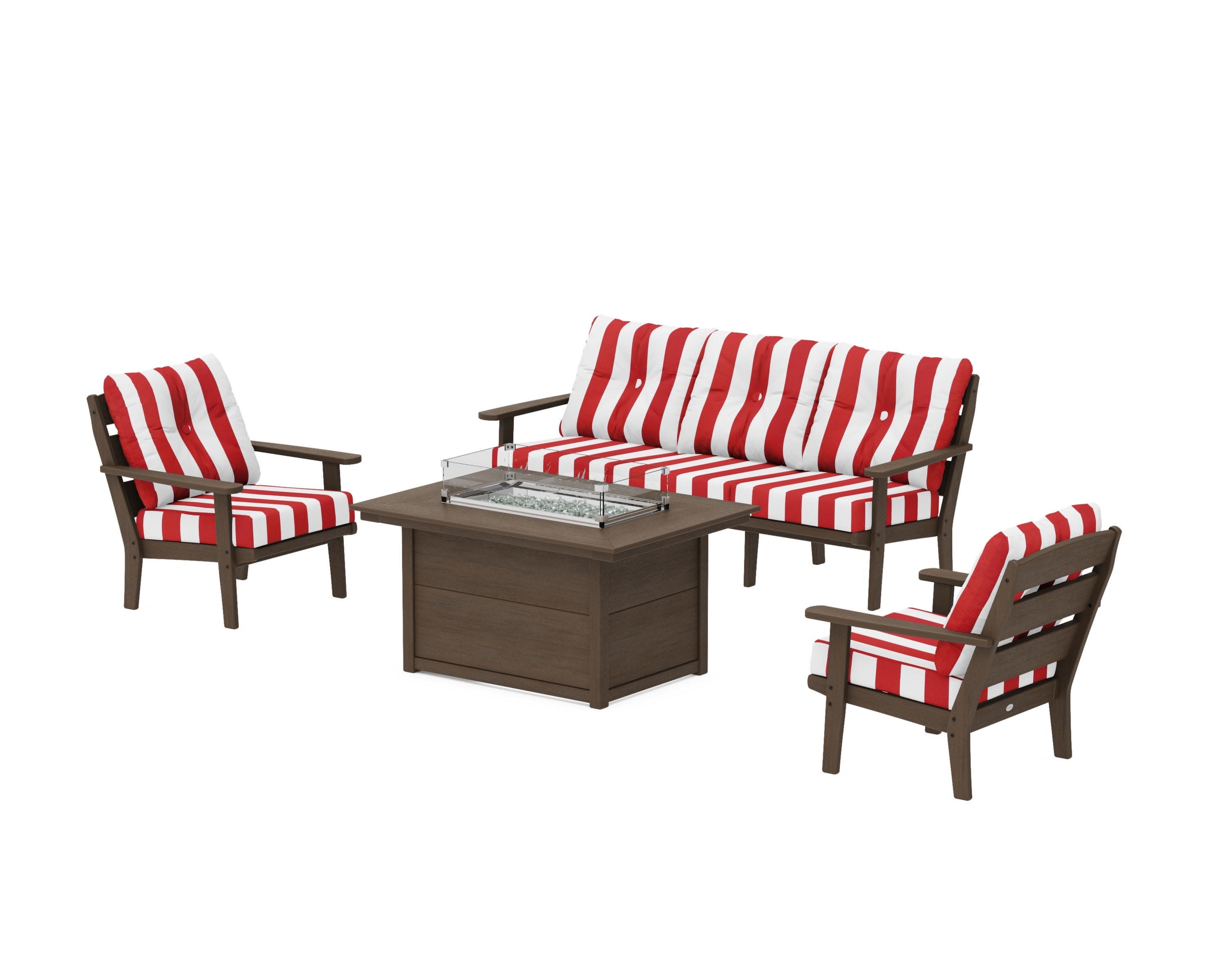 Lakeside Deep Seating Fire Pit Table Set in Kona / Cabana Stripe Crimson