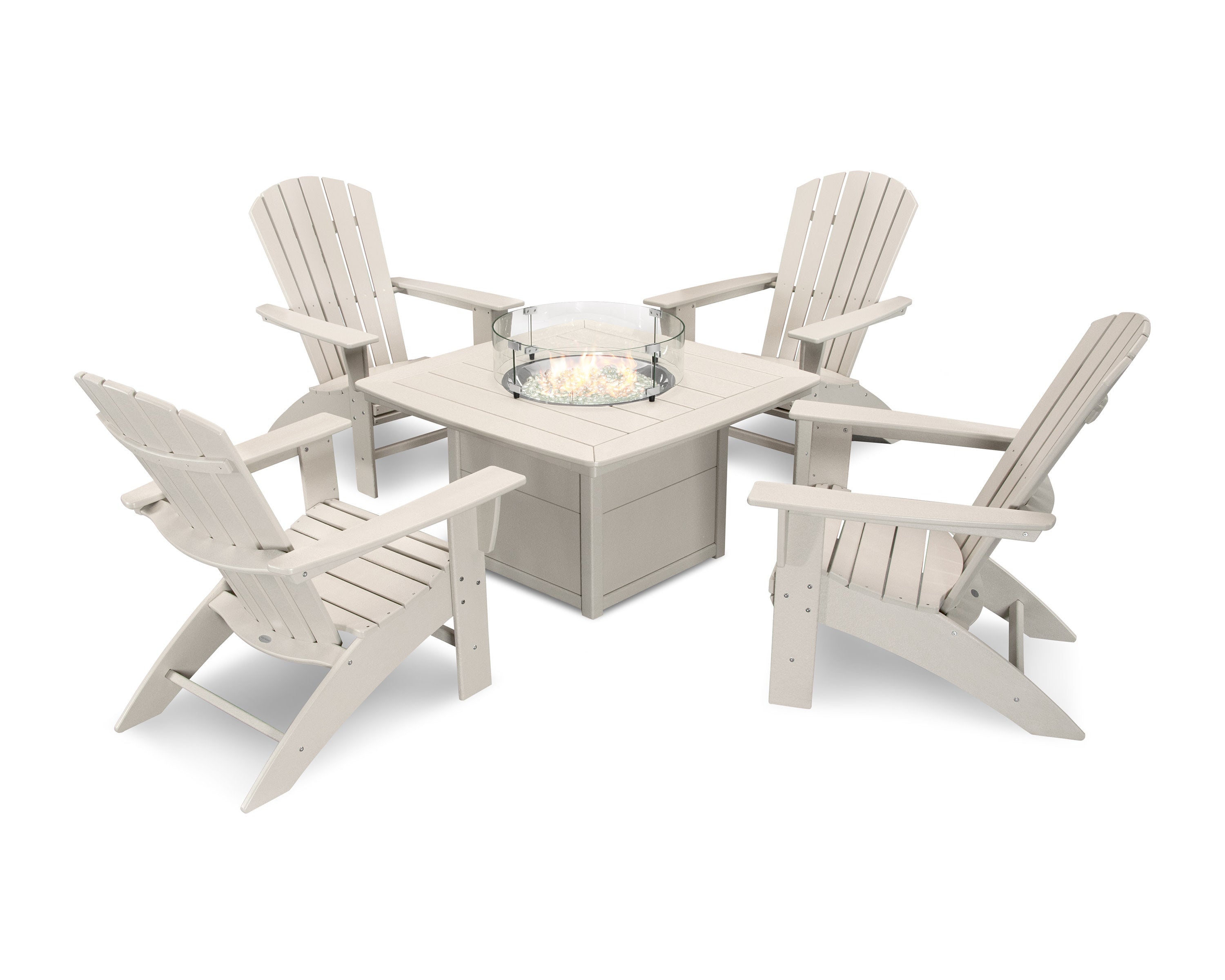 Nautical Curveback Adirondack 5-Piece Conversation Set with Fire Pit Table in Sand