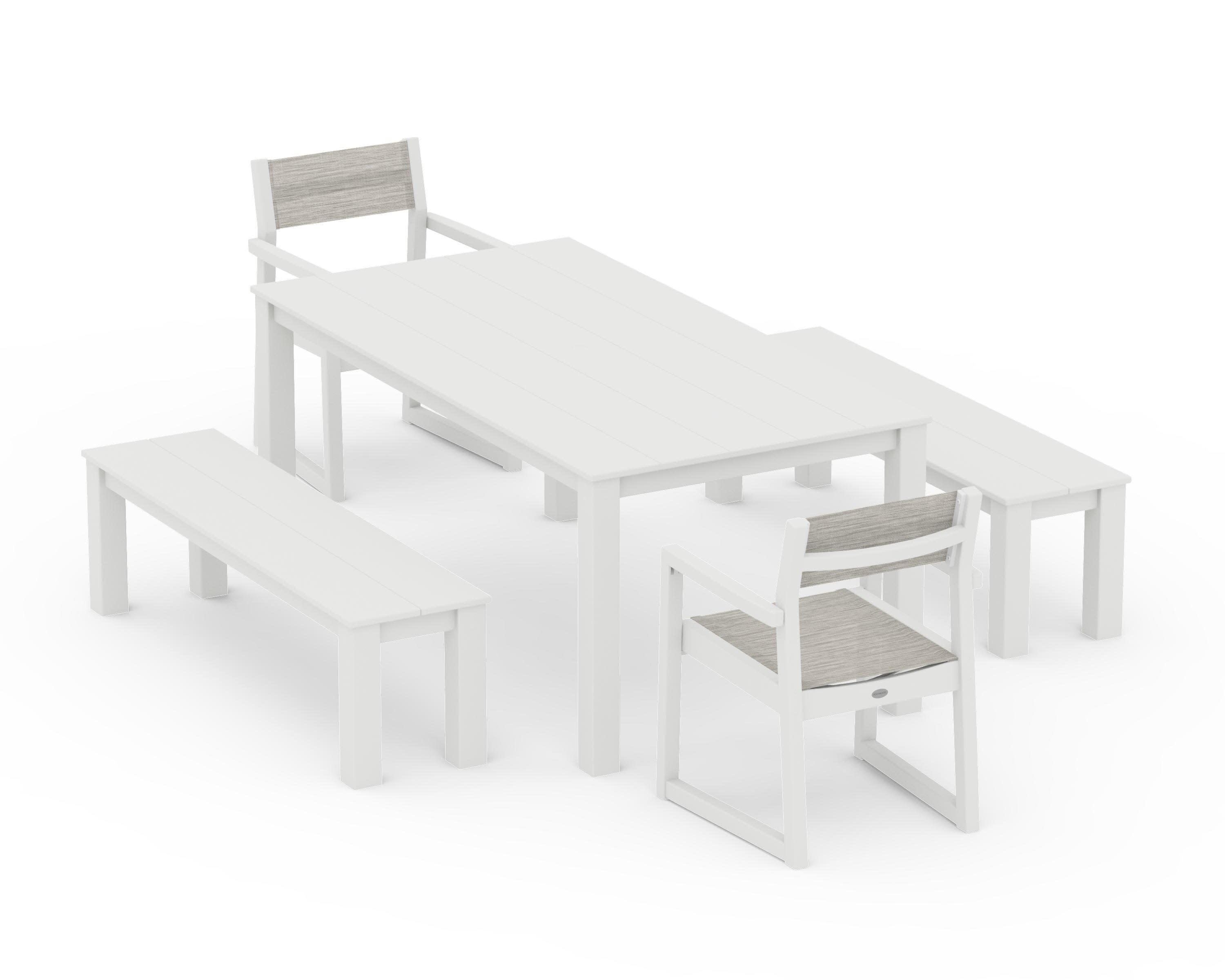 EDGE Sling Arm Chair 5-Piece Parsons Dining Set with Benches in Vintage White / Birch Sling