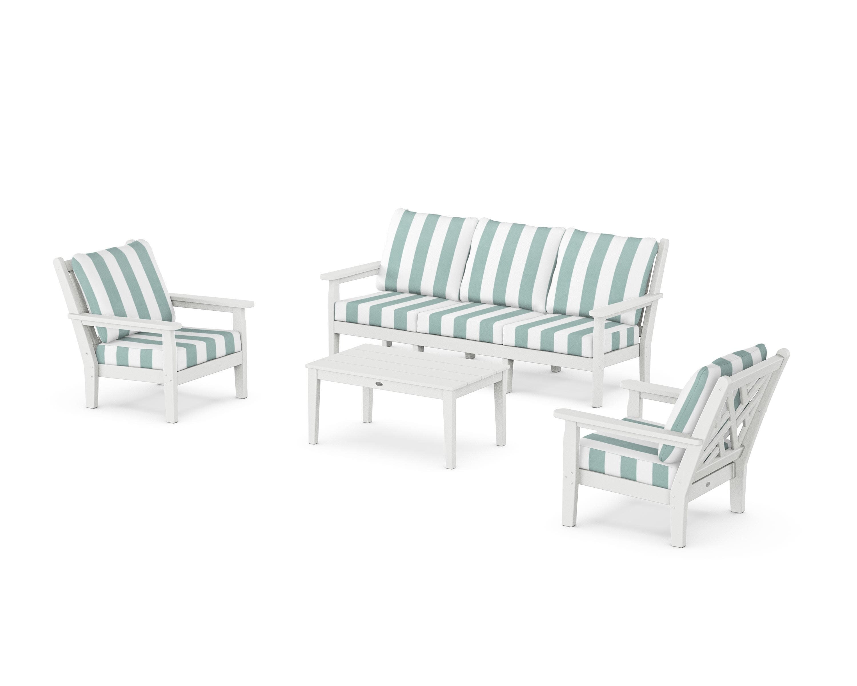 Chippendale 4-Piece Deep Seating Set with Sofa in White / Cabana Stripe Glacier Spa