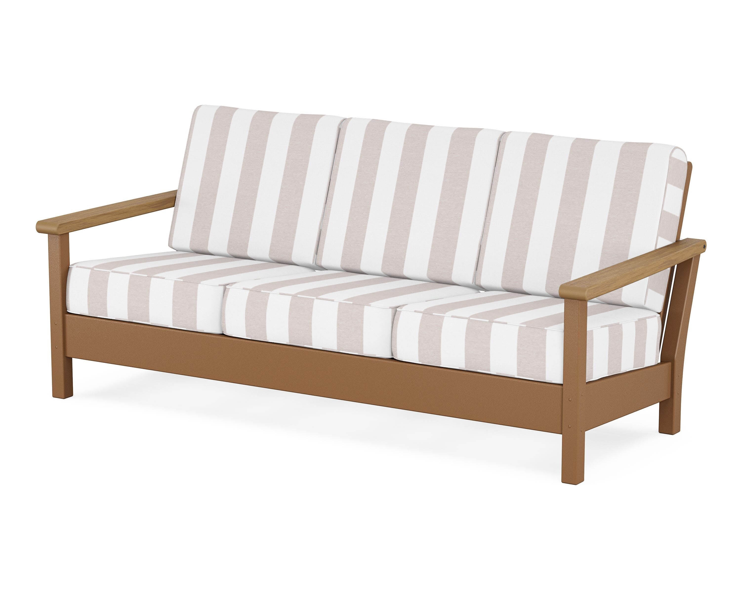 Harbour Deep Seating Sofa in Teak / Natural / Cabana Stripe Dune Burlap