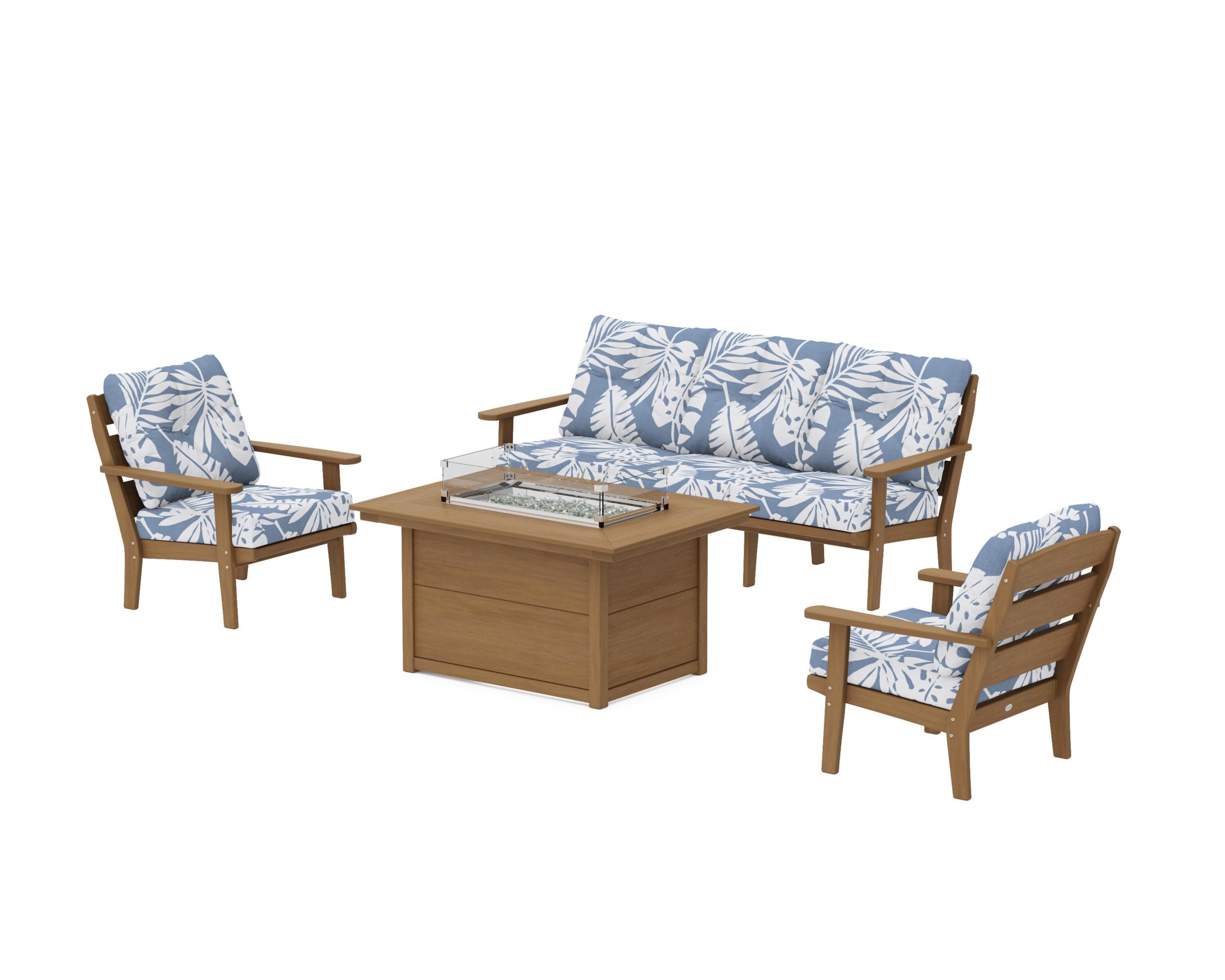 Lakeside Deep Seating Fire Pit Table Set in Natural / Leaf Sky Blue
