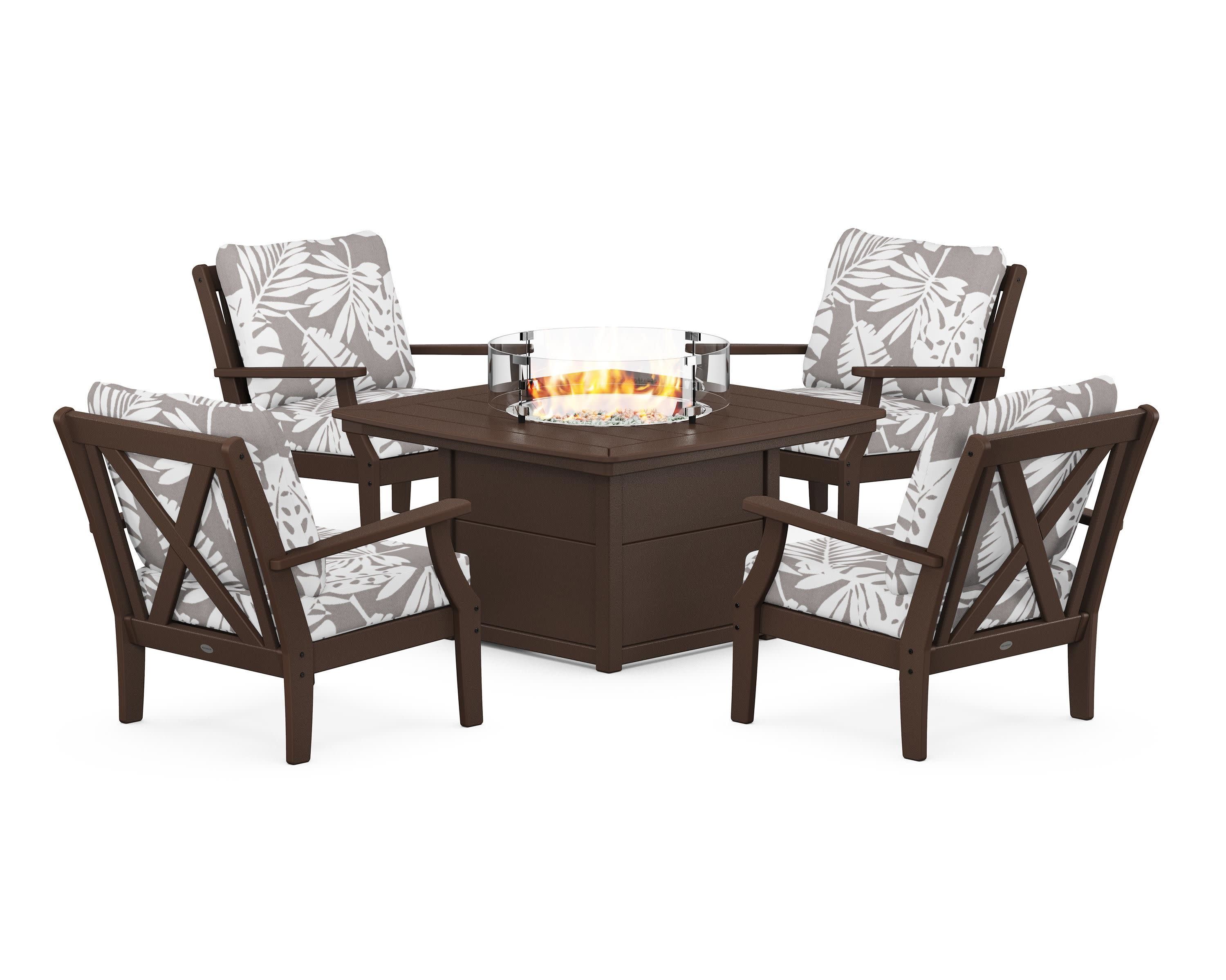 Braxton 5-Piece Deep Seating Conversation Set with Fire Pit Table in Mahogany / Leaf Grey Mist