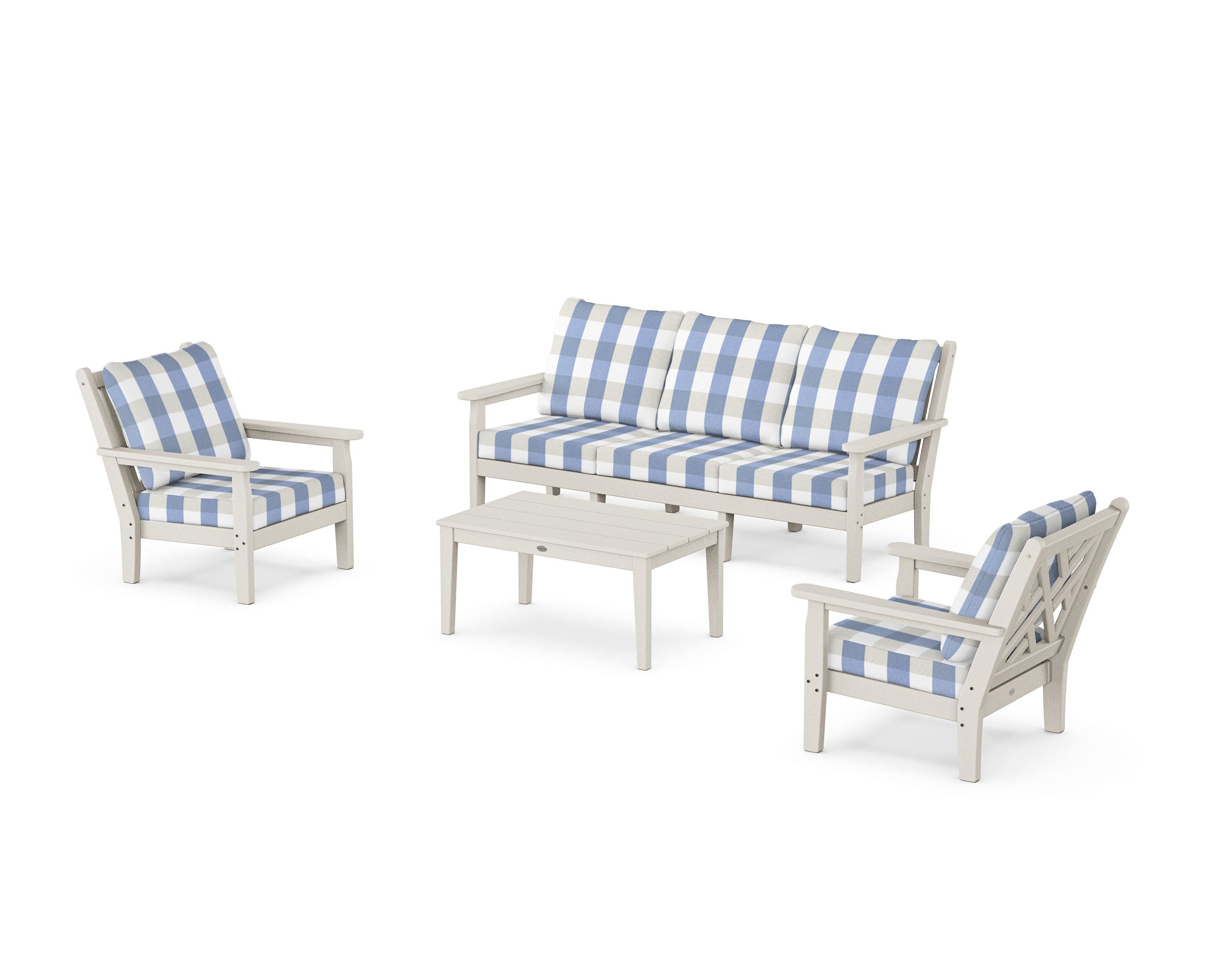 Chippendale 4-Piece Deep Seating Set with Sofa in Sand / Buffalo Plaid Sky Blue