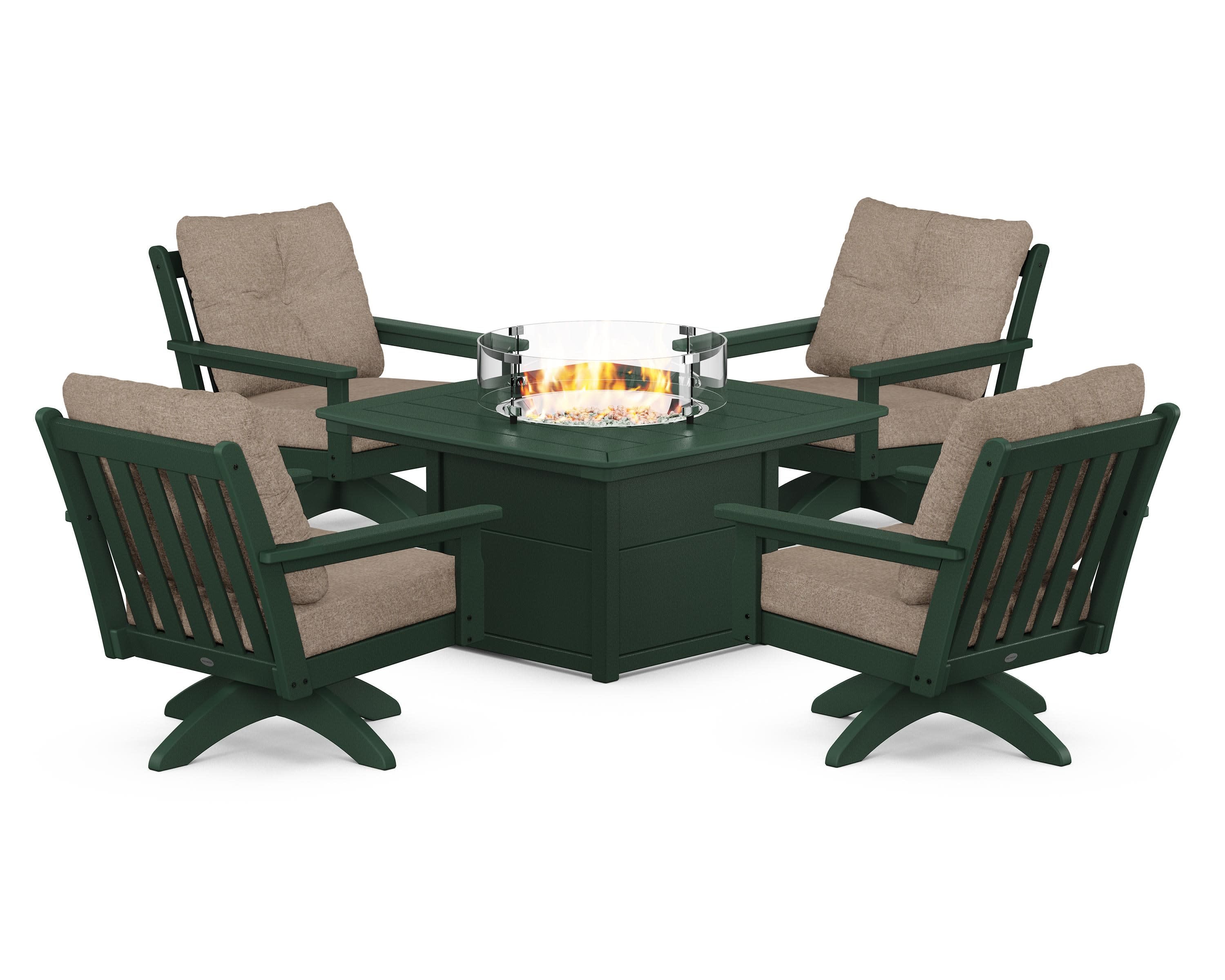 Vineyard 5-Piece Deep Seating Swivel Conversation Set with Fire Pit Table in Green / Spiced Burlap