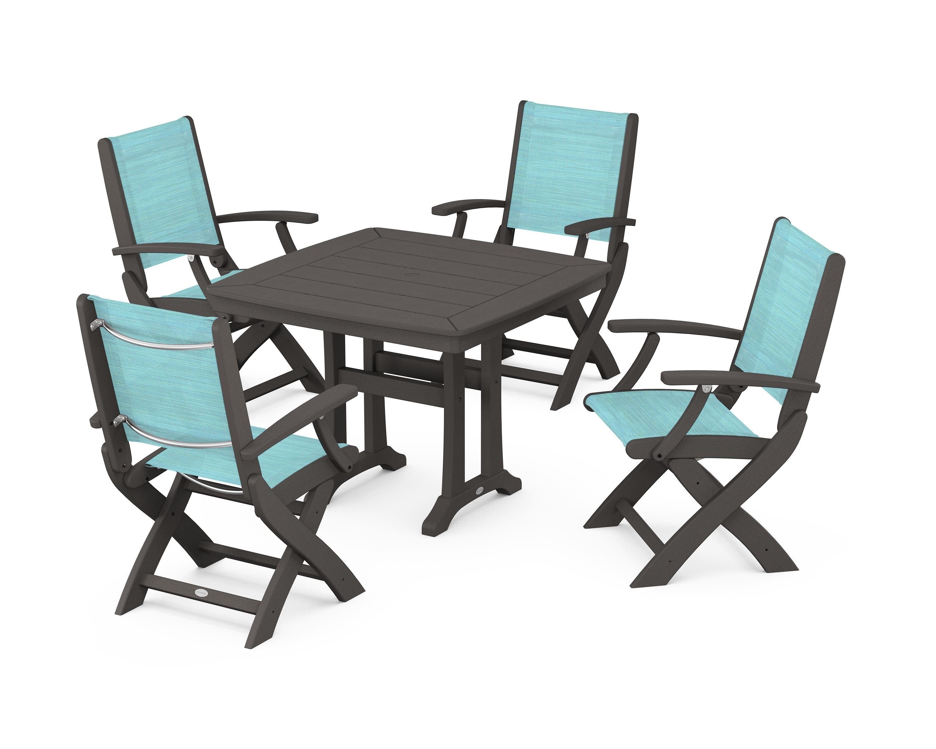 Coastal Folding Chair 5-Piece Dining Set with Trestle Legs in Vintage Coffee / Dupioni Aquamarine Sling