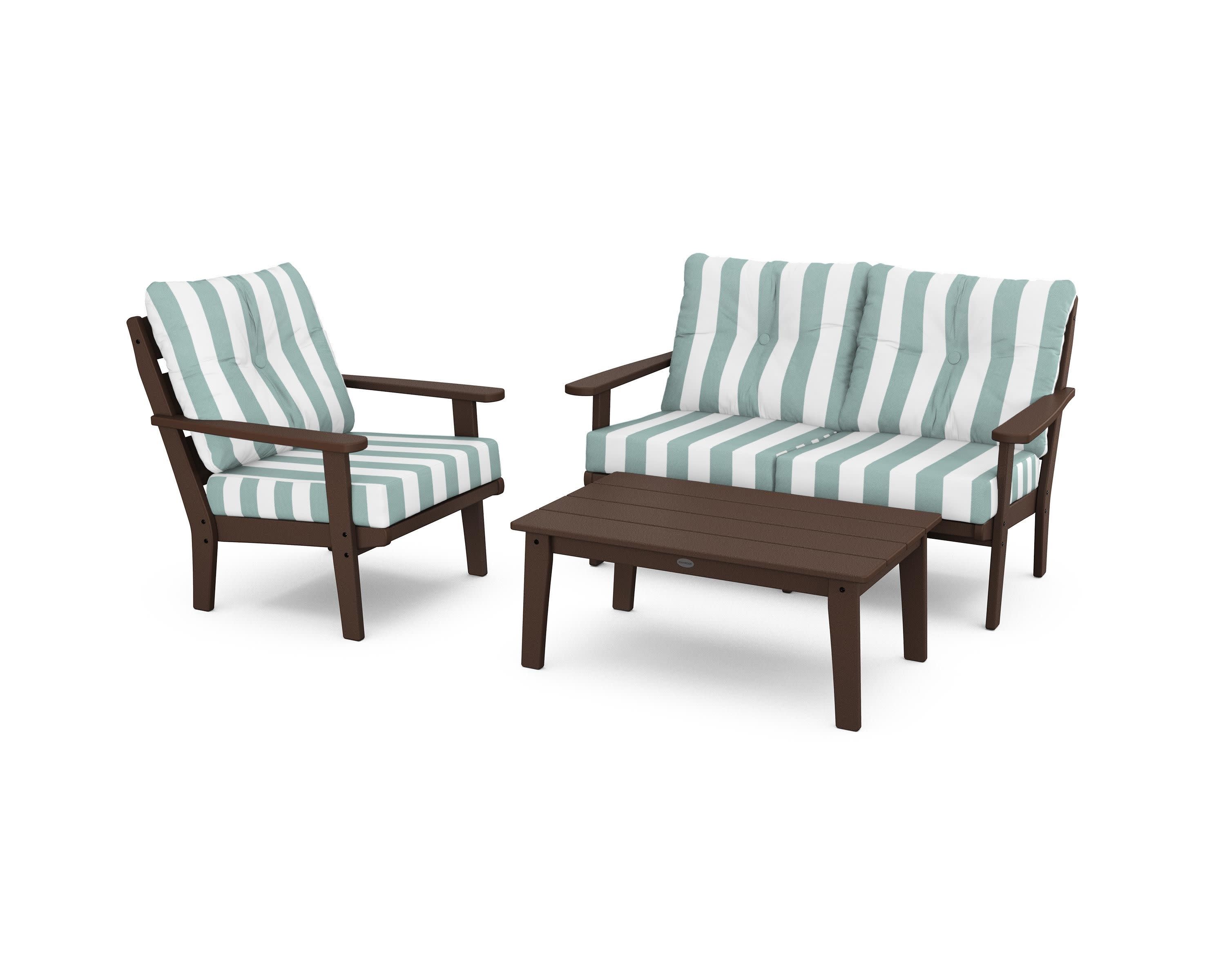 Lakeside 3-Piece Deep Seating Set in Mahogany / Cabana Stripe Glacier Spa