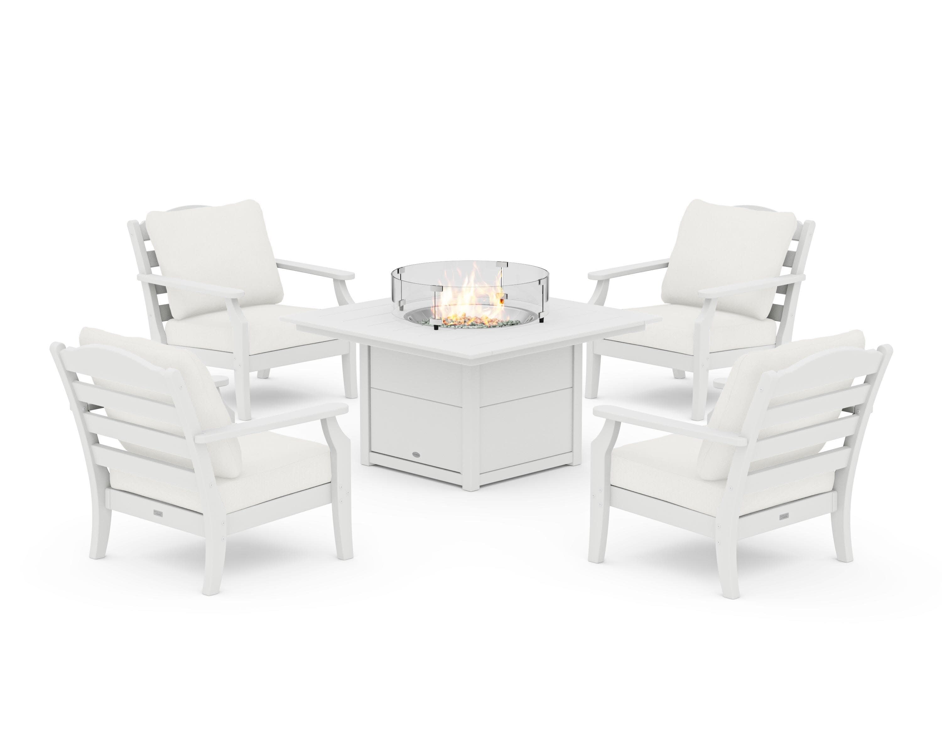 Savannah 5-Piece Deep Seating Set with Fire Pit Table in White / Natural Linen