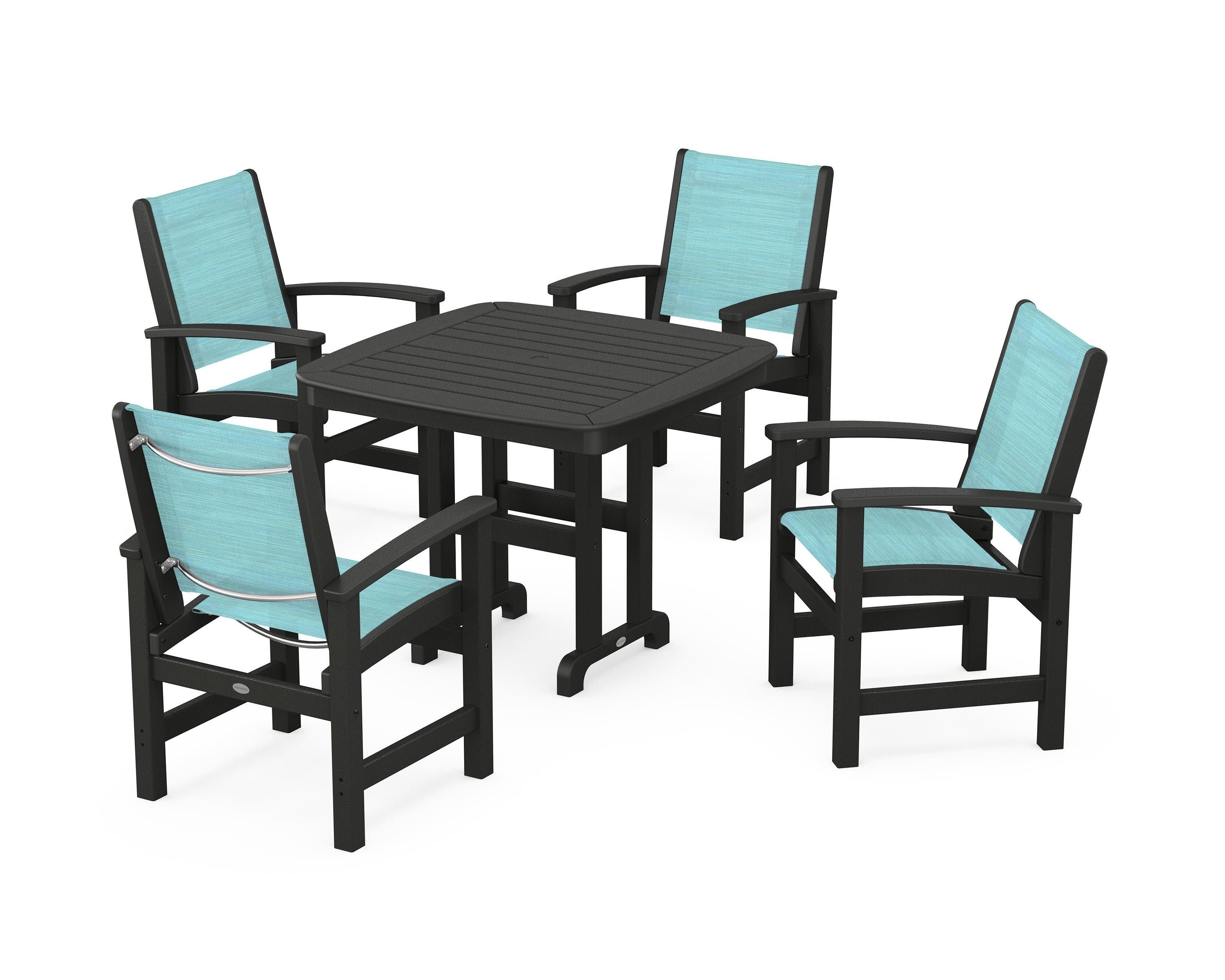 Coastal 5-Piece Dining Set in Black / Dupioni Aquamarine Sling