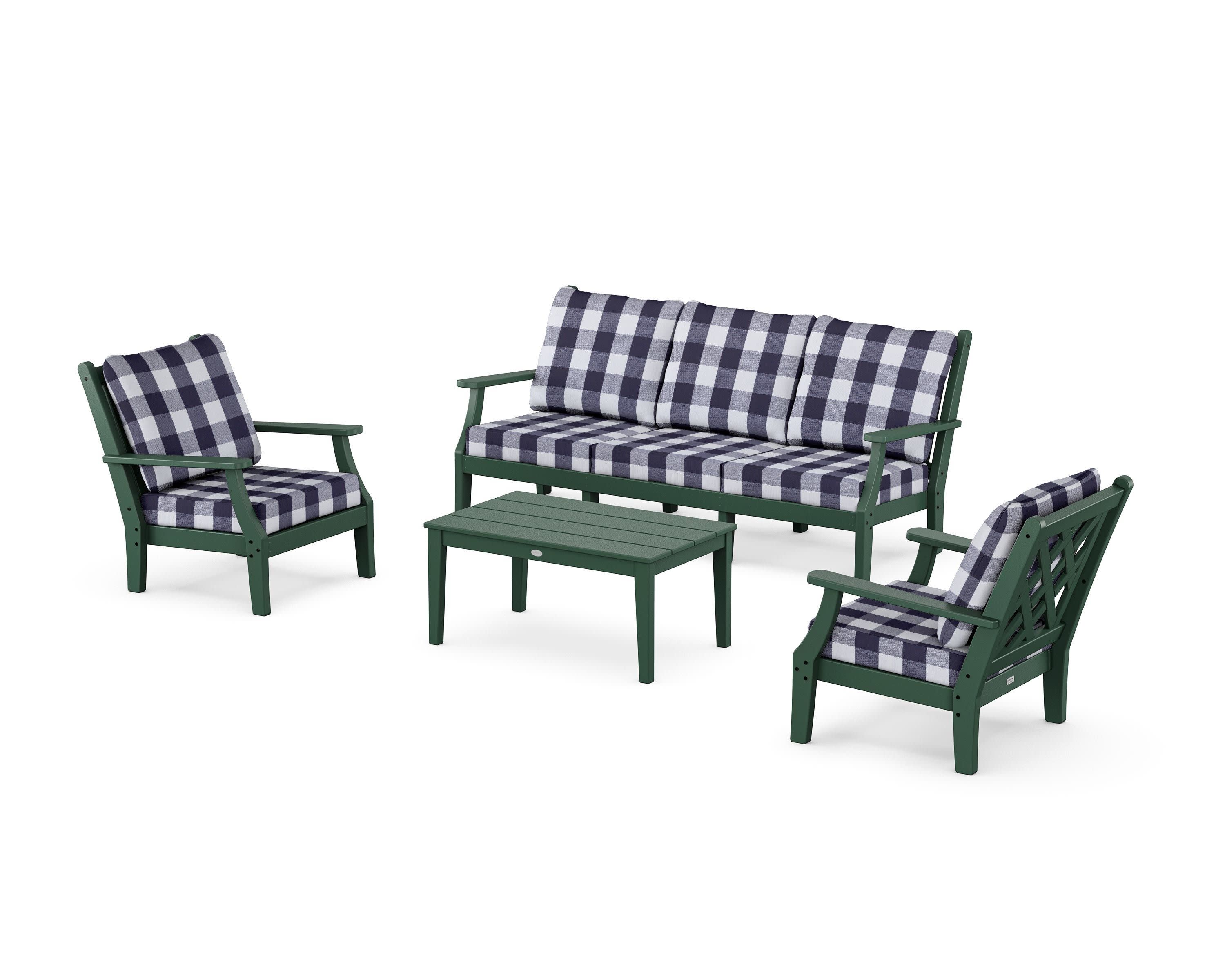 Wovendale 4-Piece Deep Seating Set with Sofa in Green / Buffalo Plaid Navy