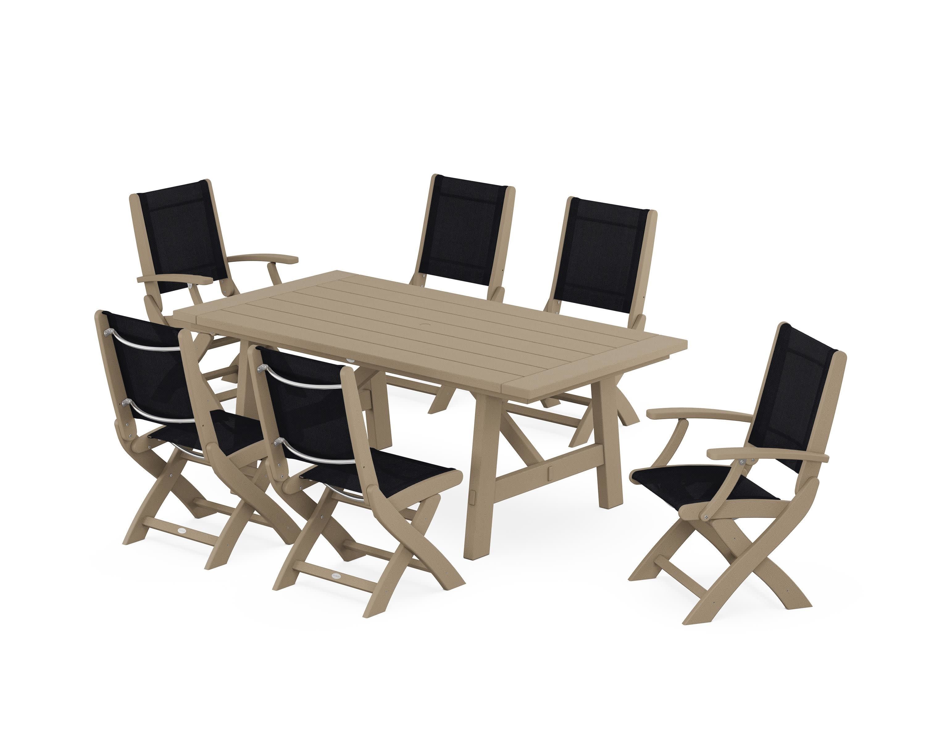 Coastal Folding Chair 7-Piece Rustic Farmhouse Dining Set in Vintage Sahara / Black Sling