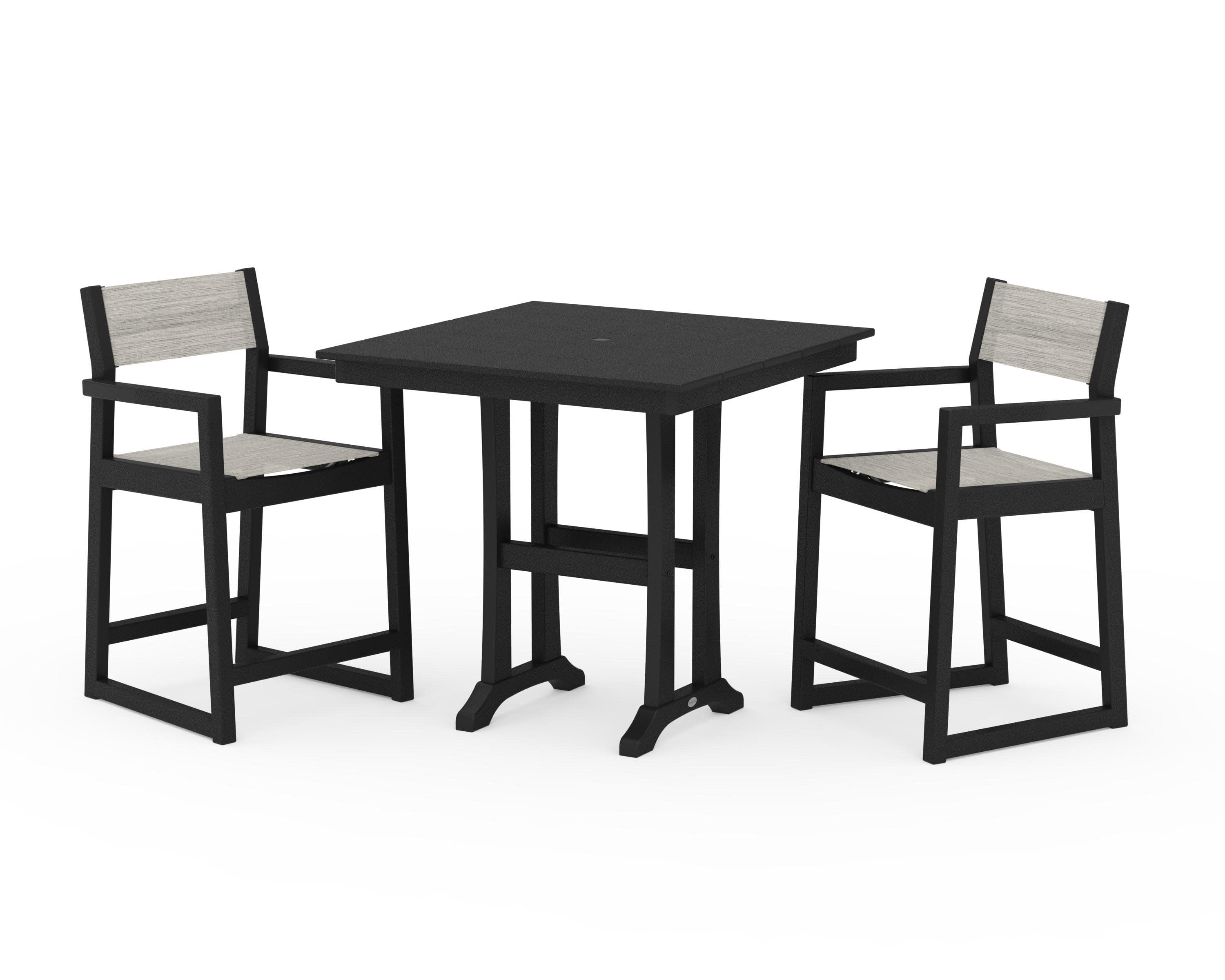 EDGE Sling Arm Chair 3-Piece Farmhouse Counter Set with Trestle Legs in Black / Birch Sling
