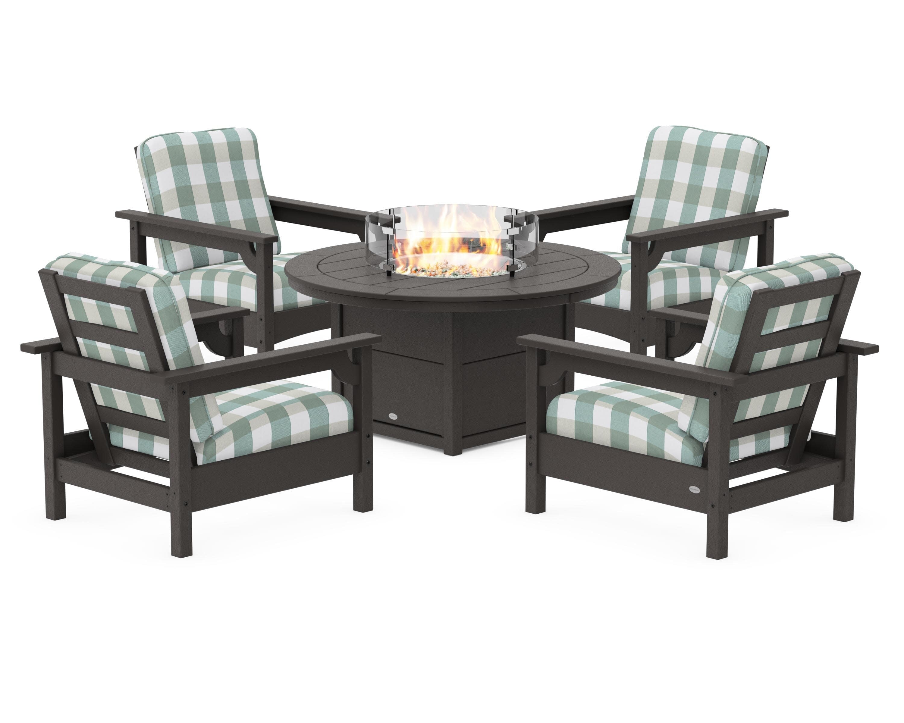 Club 5-Piece Conversation Set with Fire Pit Table in Vintage Coffee / Buffalo Plaid Glacier Spa