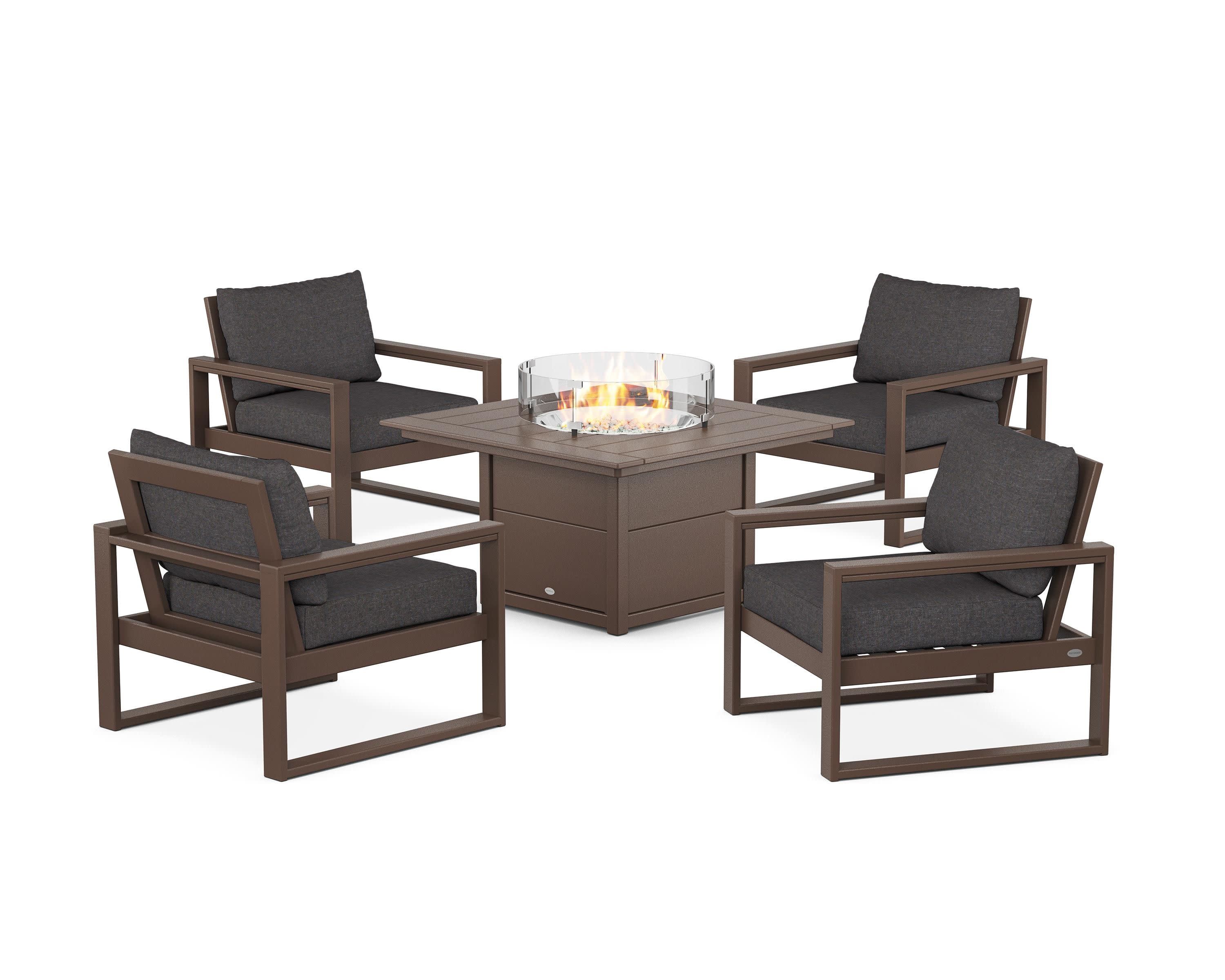 EDGE Sectional 5-Piece Deep Seating Set with Fire Pit Table in Mahogany / Ash Charcoal