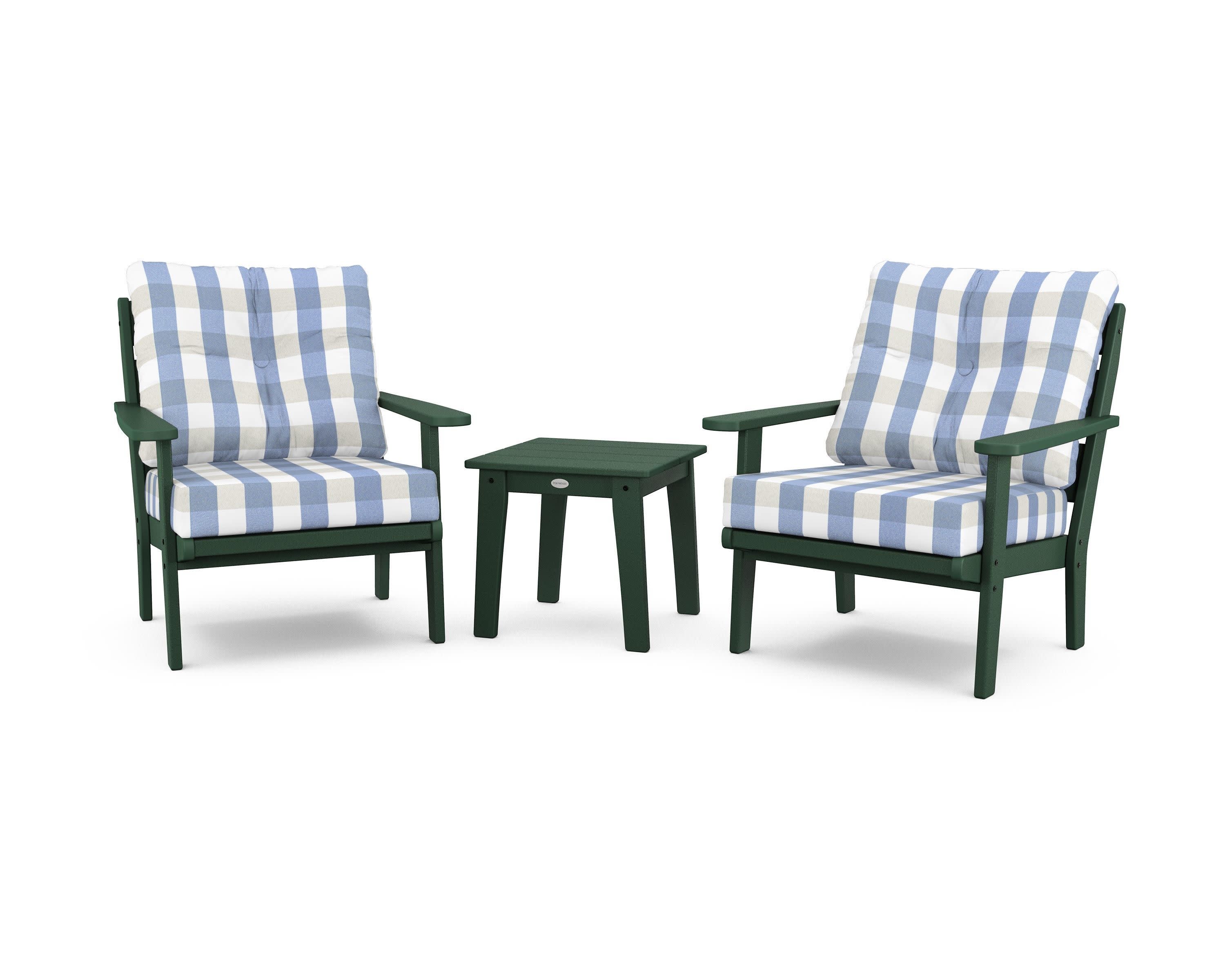 Lakeside 3-Piece Deep Seating Chair Set in Green / Buffalo Plaid Sky Blue