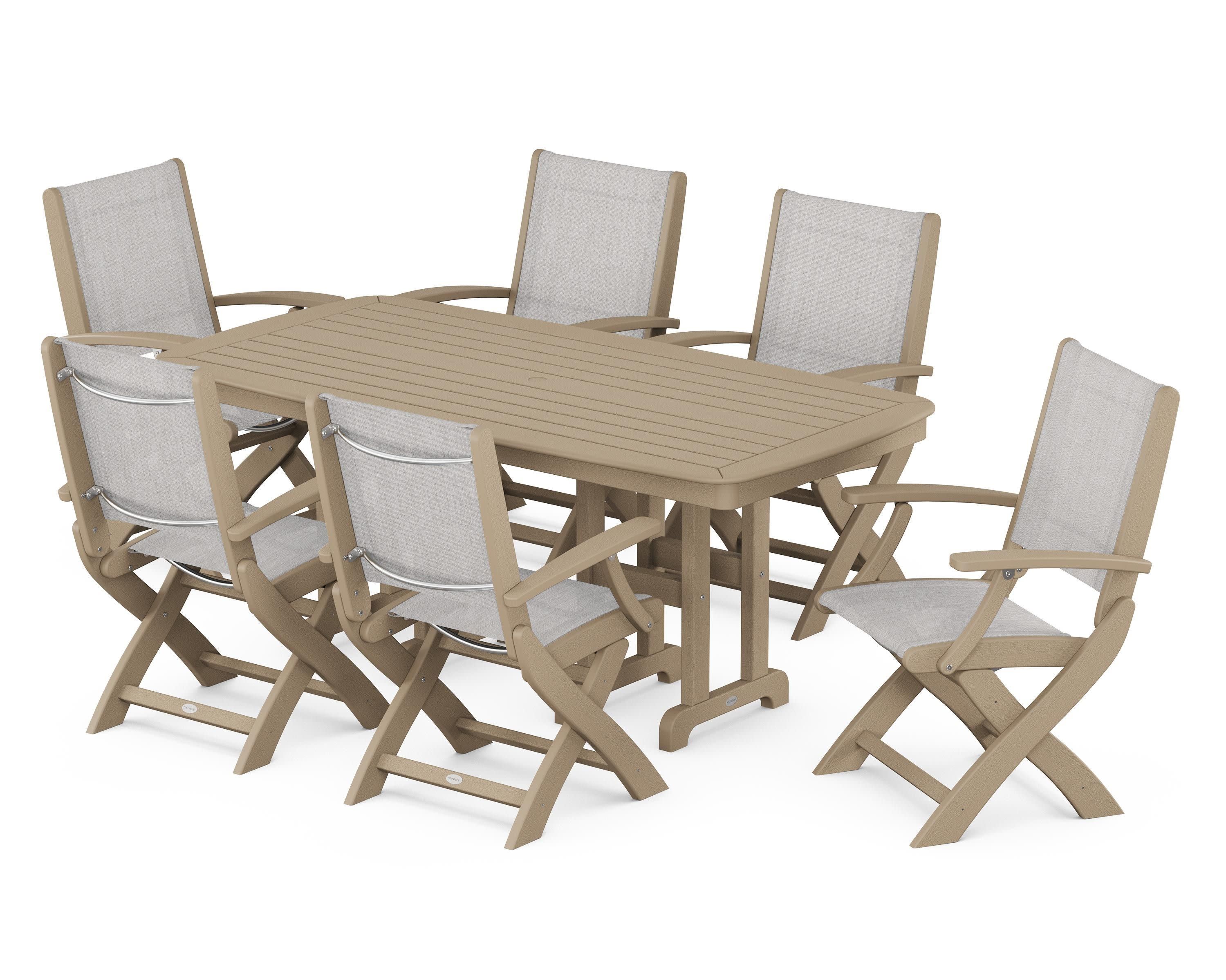 Coastal Folding Arm Chair 7-Piece Dining Set in Vintage Sahara / Parchment Sling