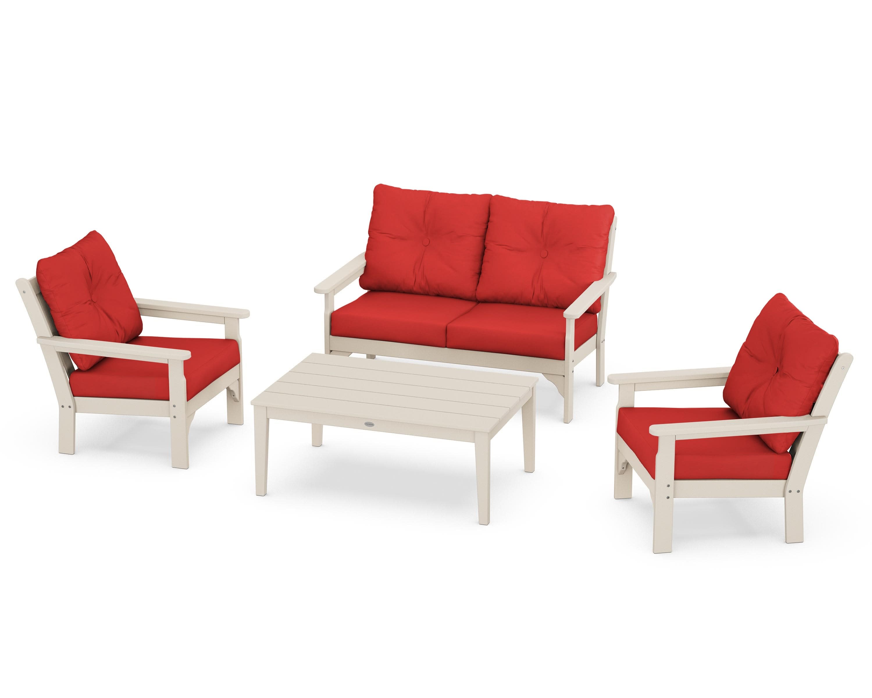 Vineyard 4-Piece Deep Seating Set in Sand / Crimson Linen