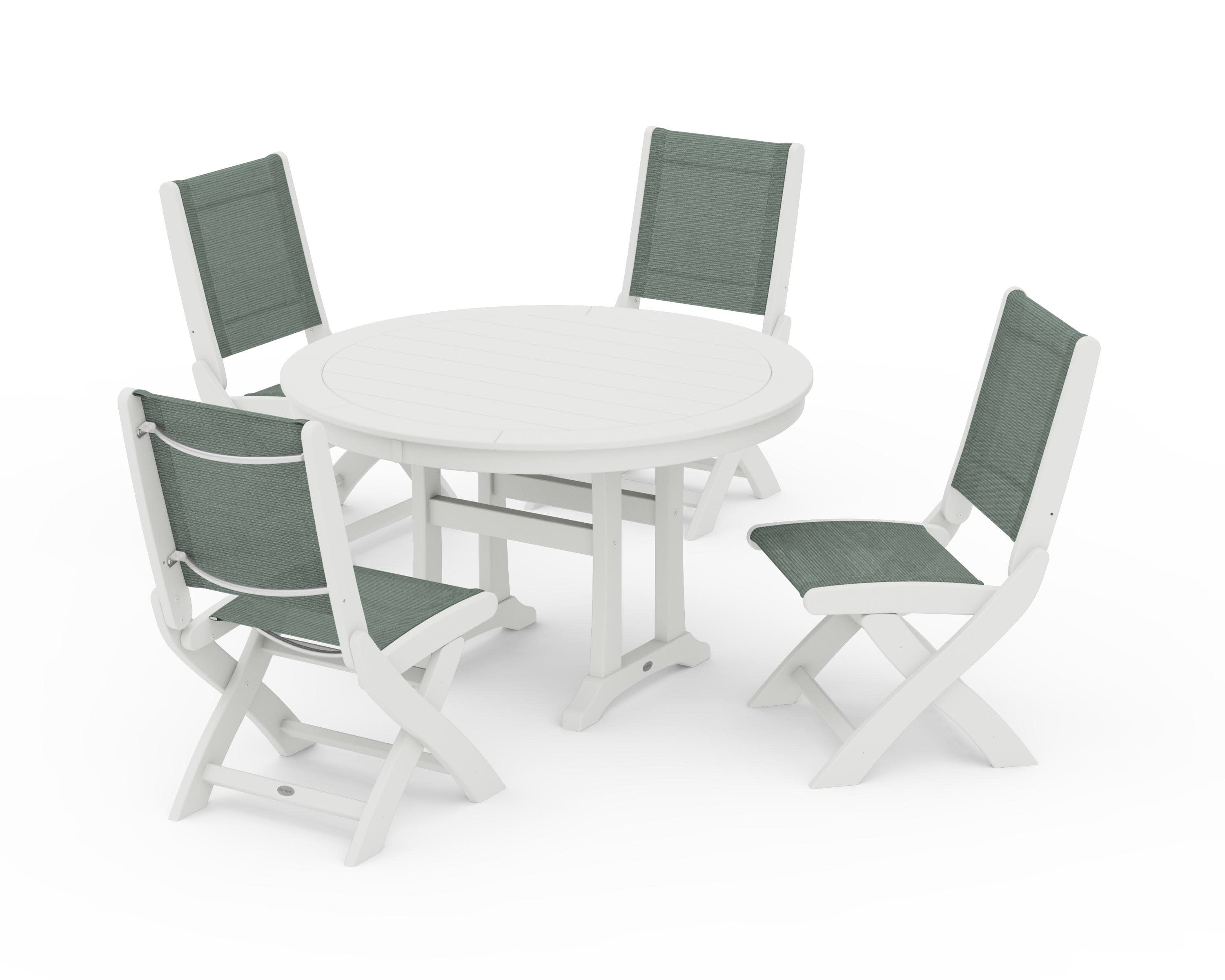 Coastal Folding Side Chair 5-Piece Round Dining Set With Trestle Legs in Vintage White / Dupioni Sea Mist Sling