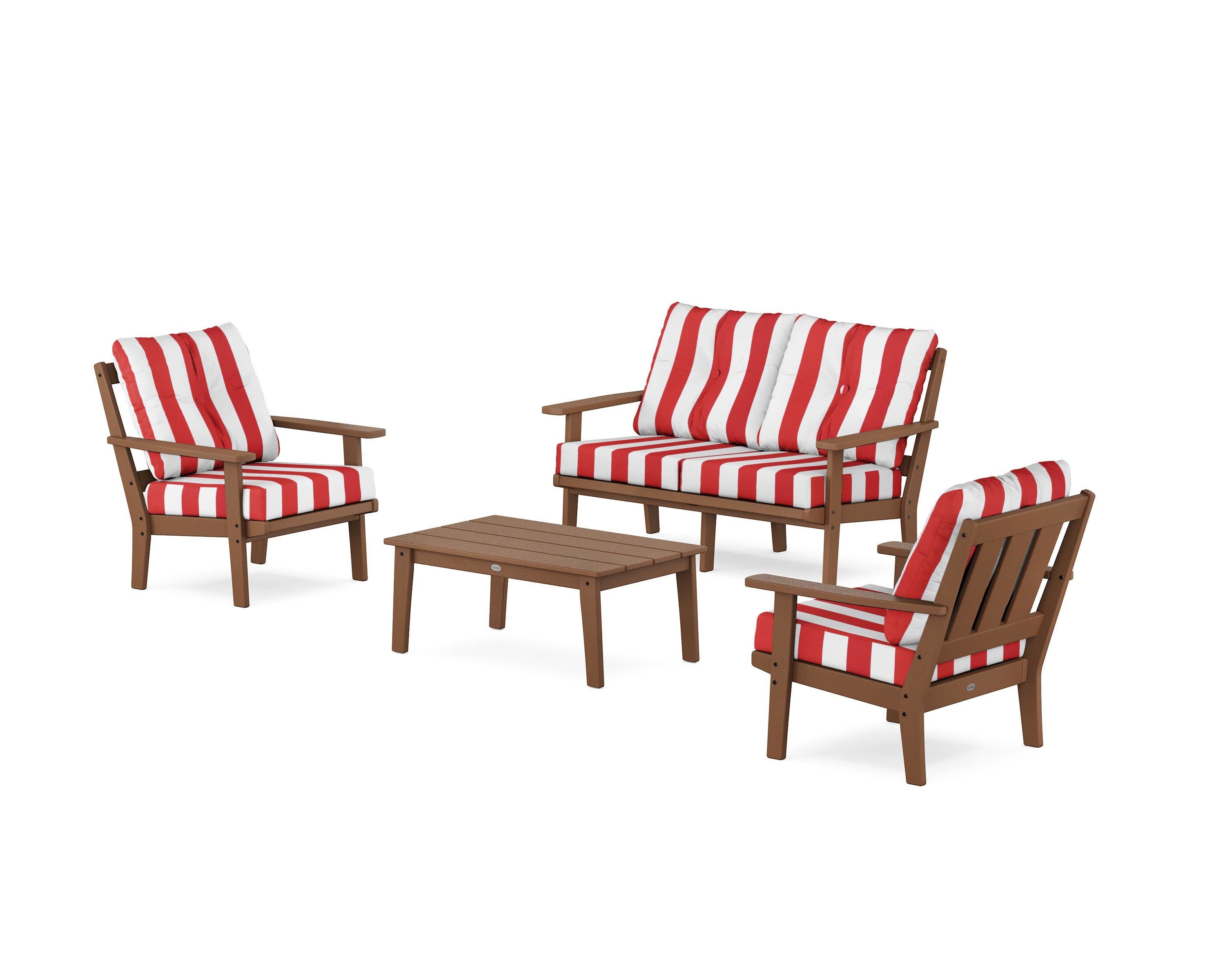 Oxford 4-Piece Deep Seating Set with Loveseat in Teak / Cabana Stripe Crimson