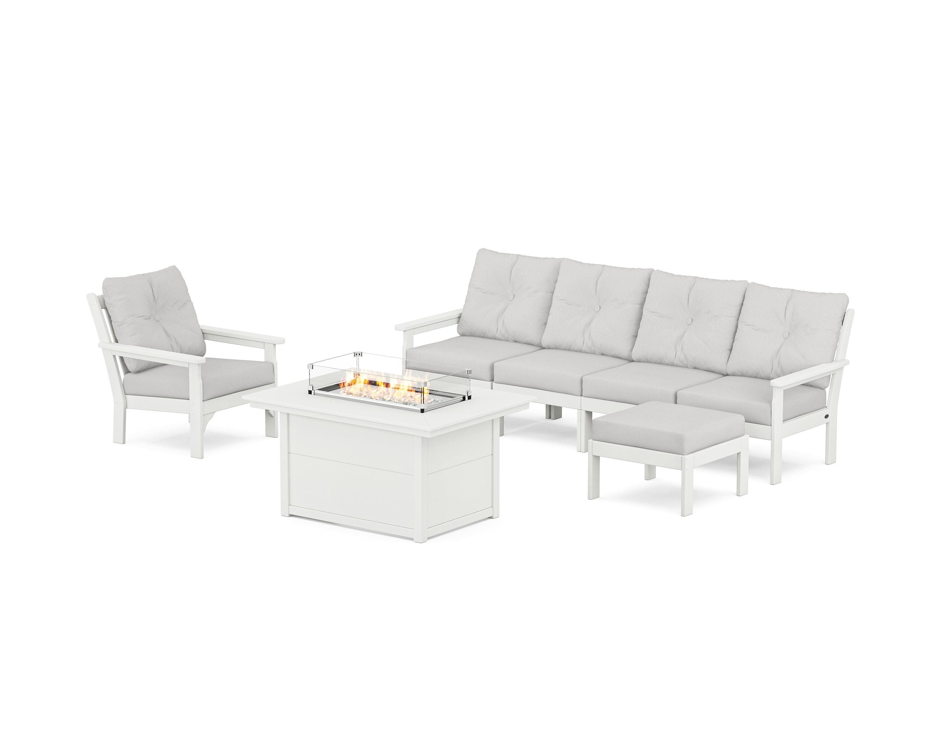 Vineyard Sectional Lounge and Fire Pit Set in Vintage White / Diamond in the Rough