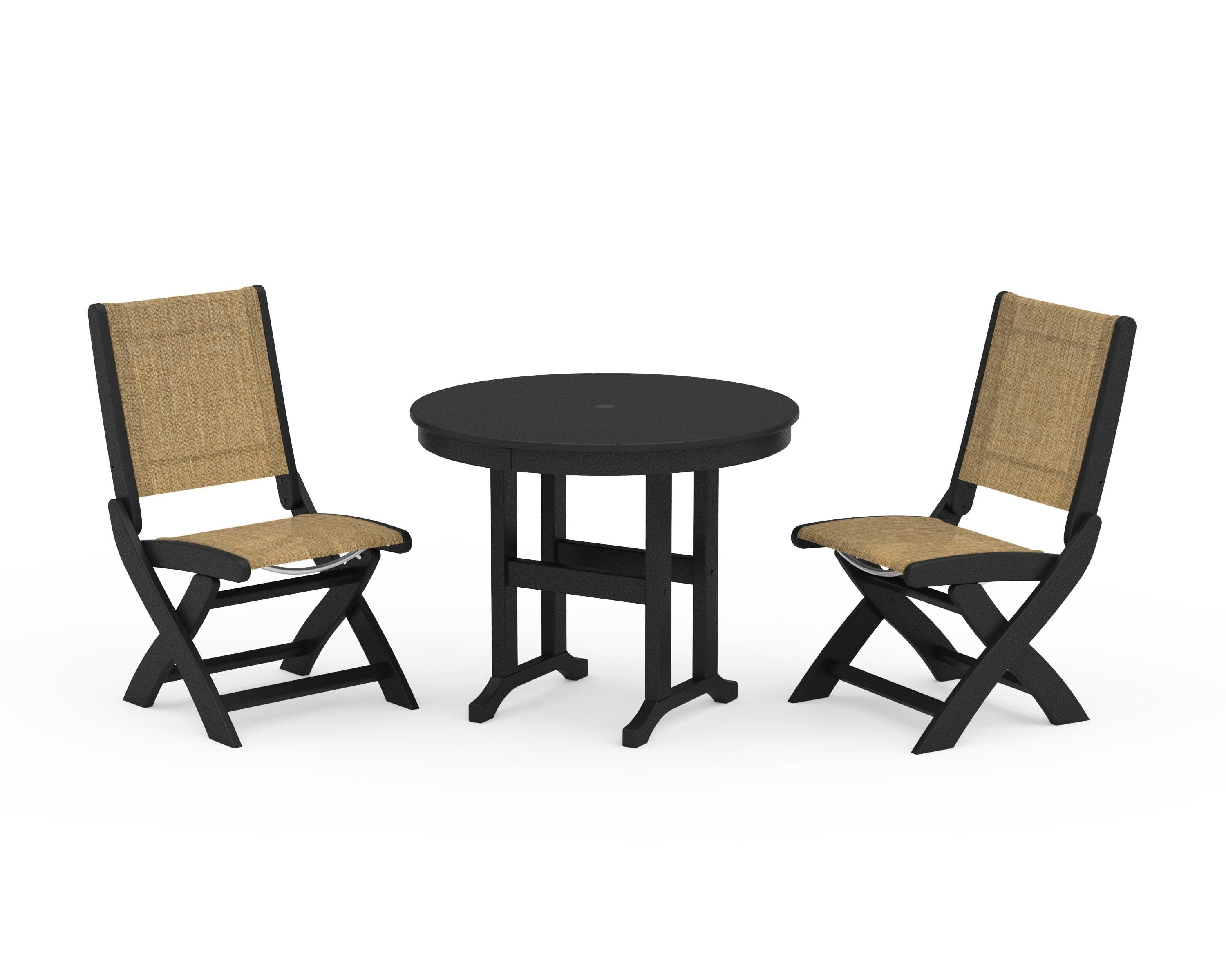 Coastal Folding Side Chair 3-Piece Round Dining Set in Black / Burlap Sling