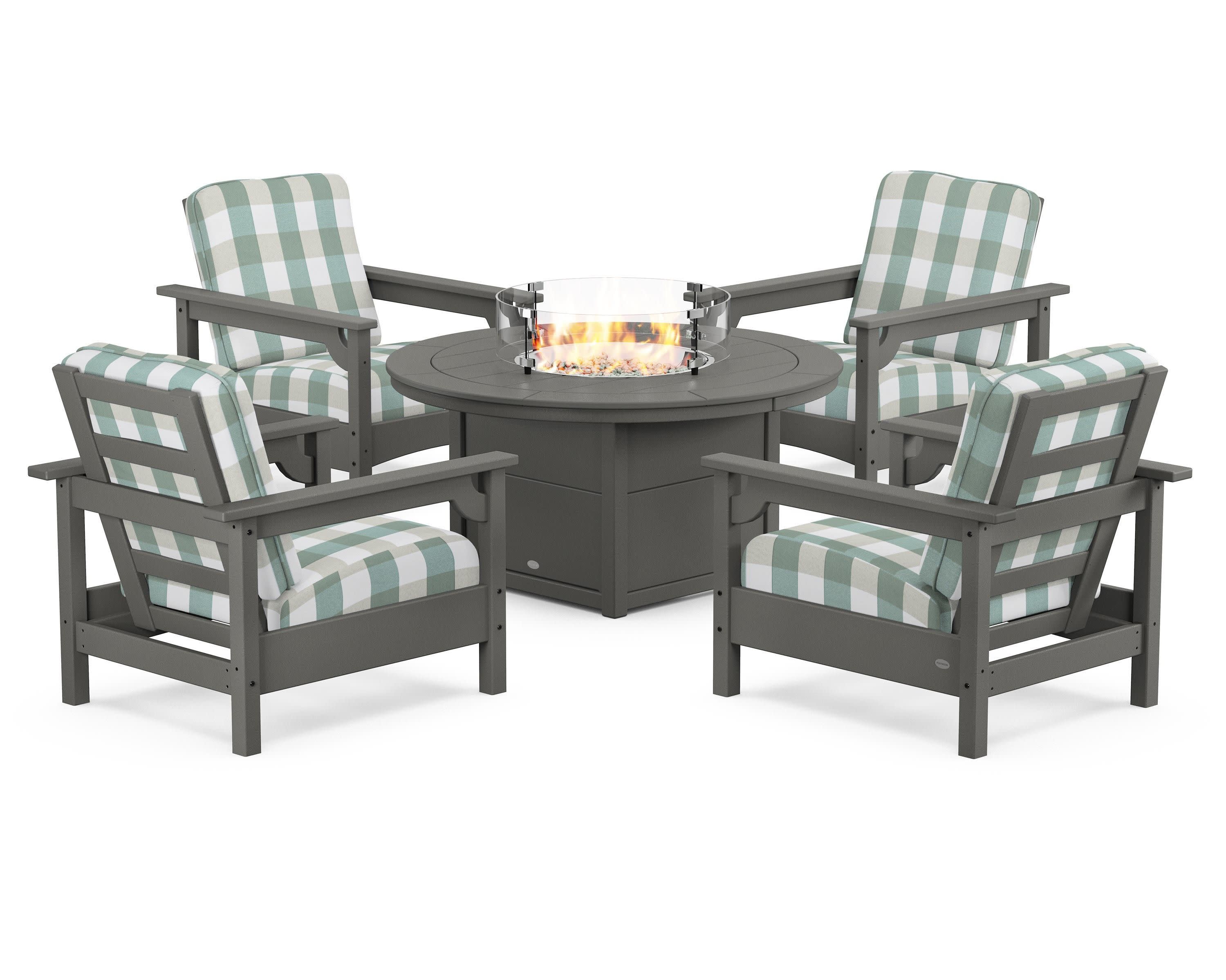 Club 5-Piece Conversation Set with Fire Pit Table in Slate Grey / Buffalo Plaid Glacier Spa