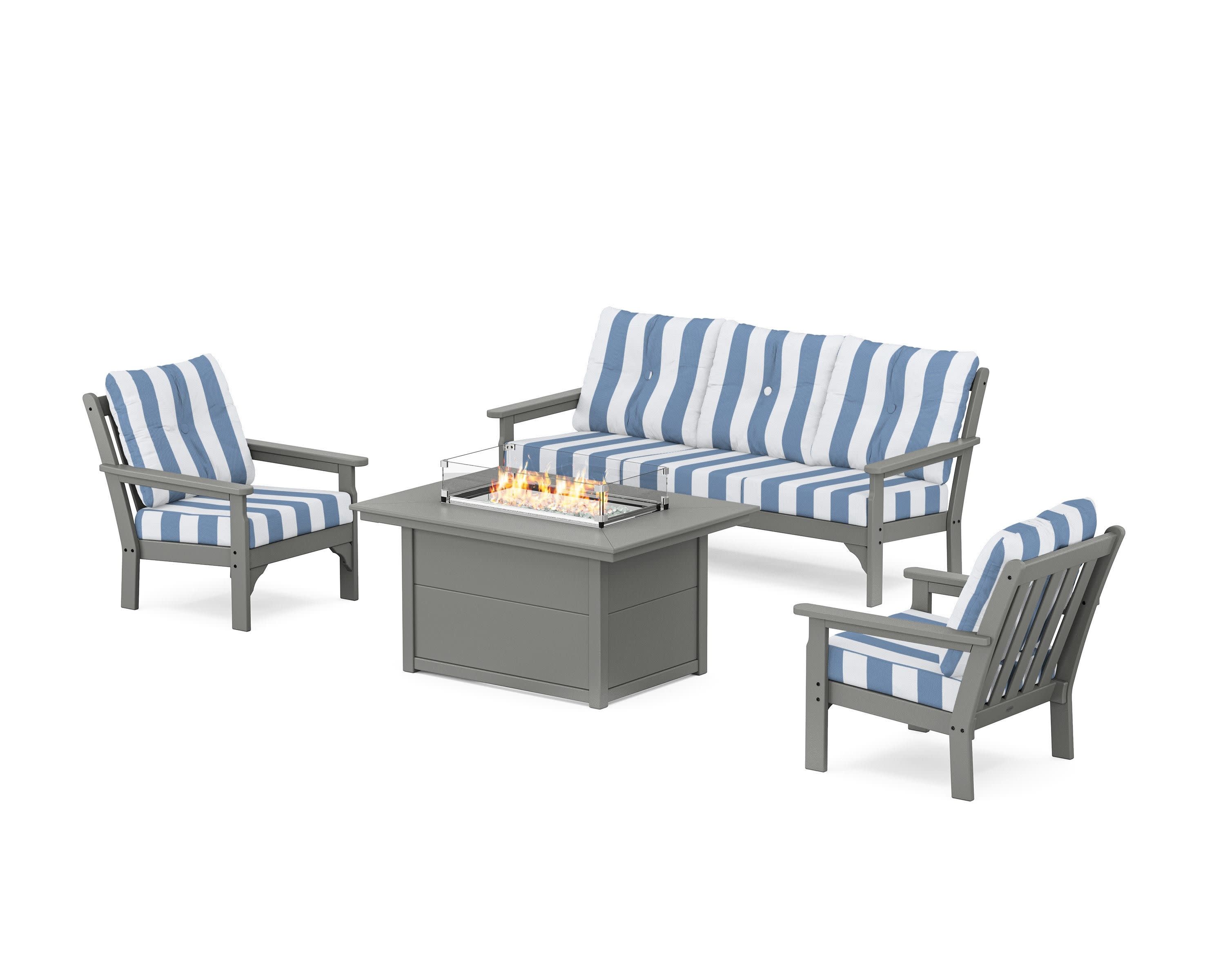 Vineyard Deep Seating Fire Pit Table Set in Slate Grey / Cabana Stripe Sky Blue