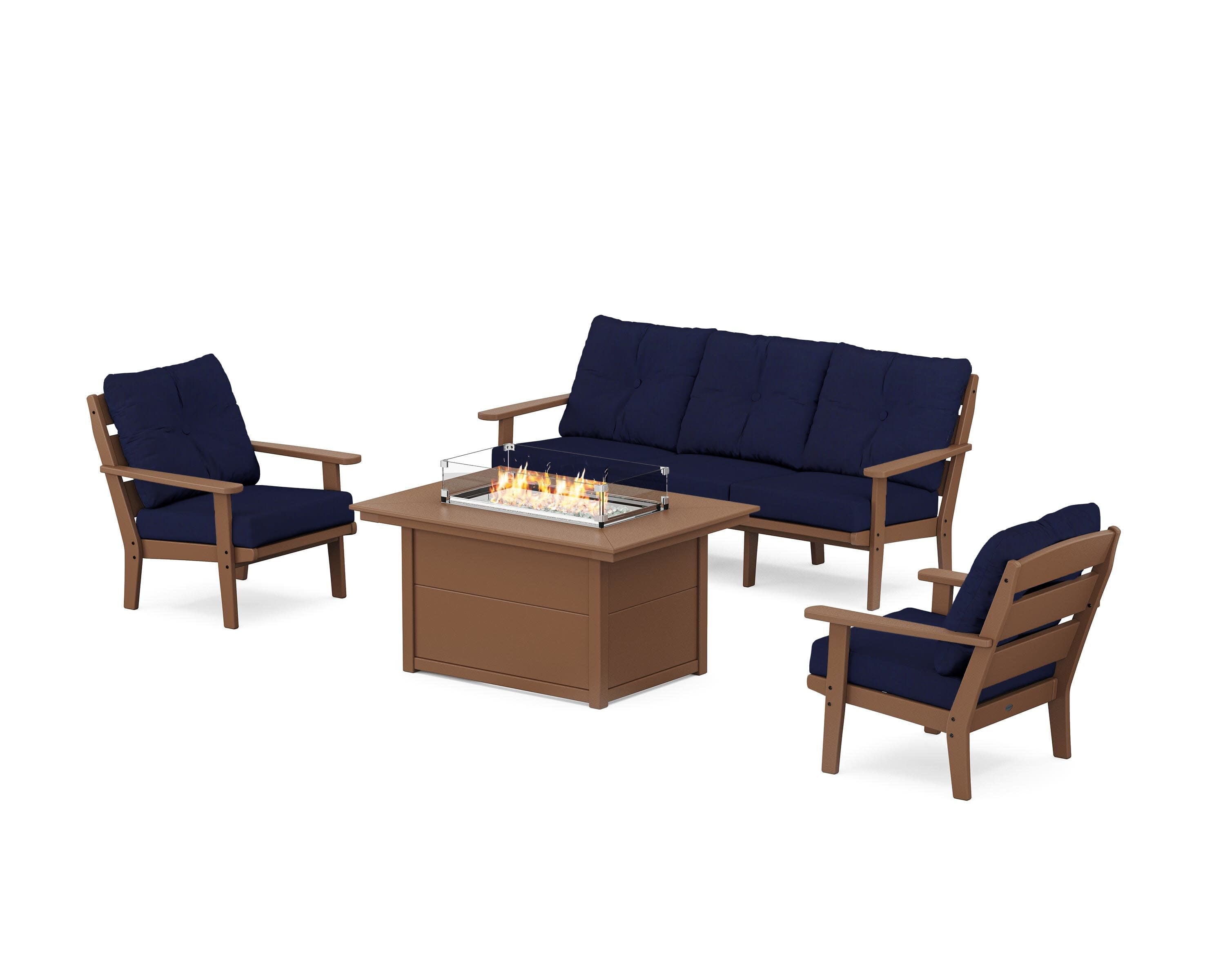 Lakeside Deep Seating Fire Pit Table Set in Teak / Navy