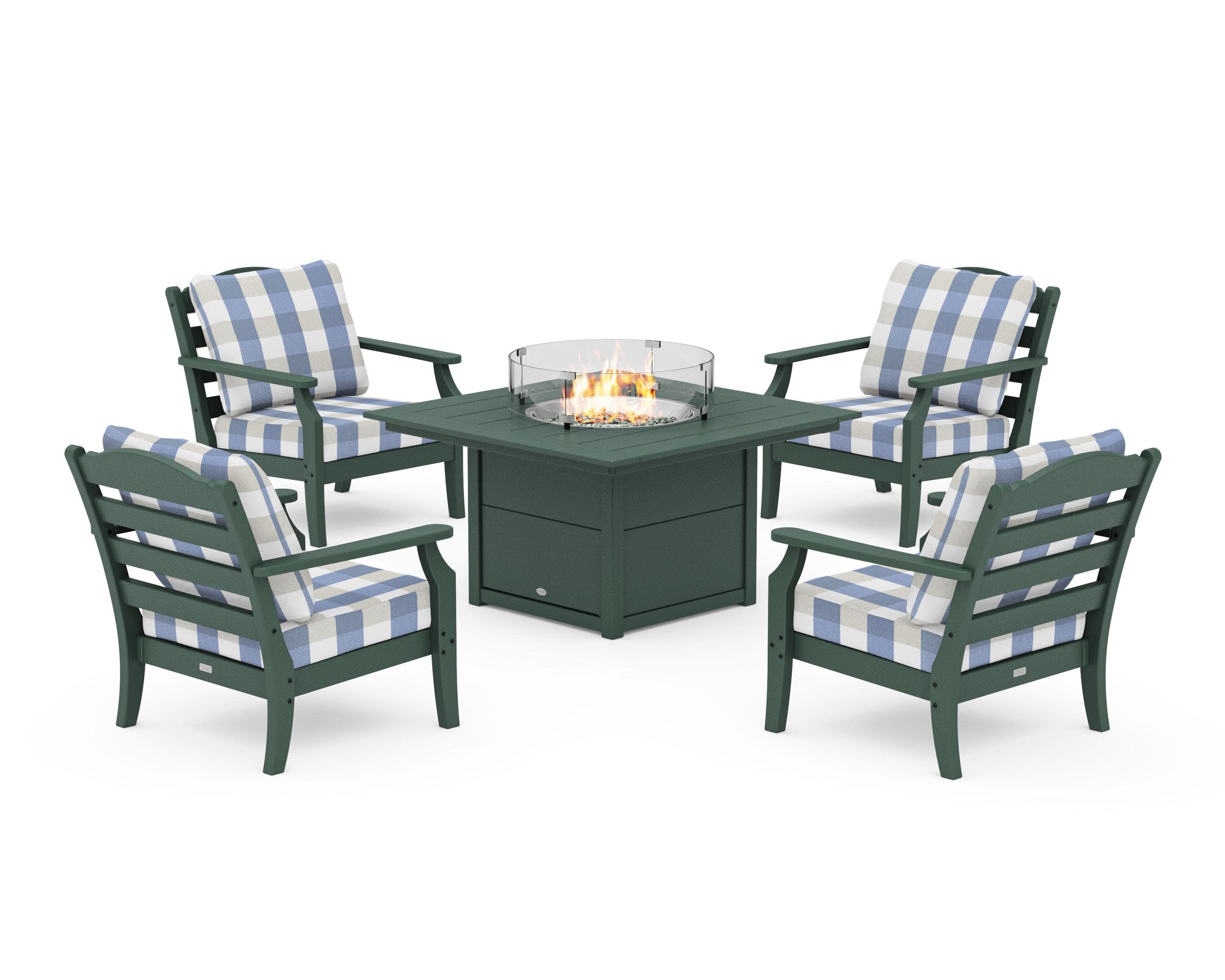 Savannah 5-Piece Deep Seating Set with Fire Pit Table in Green / Buffalo Plaid Sky Blue
