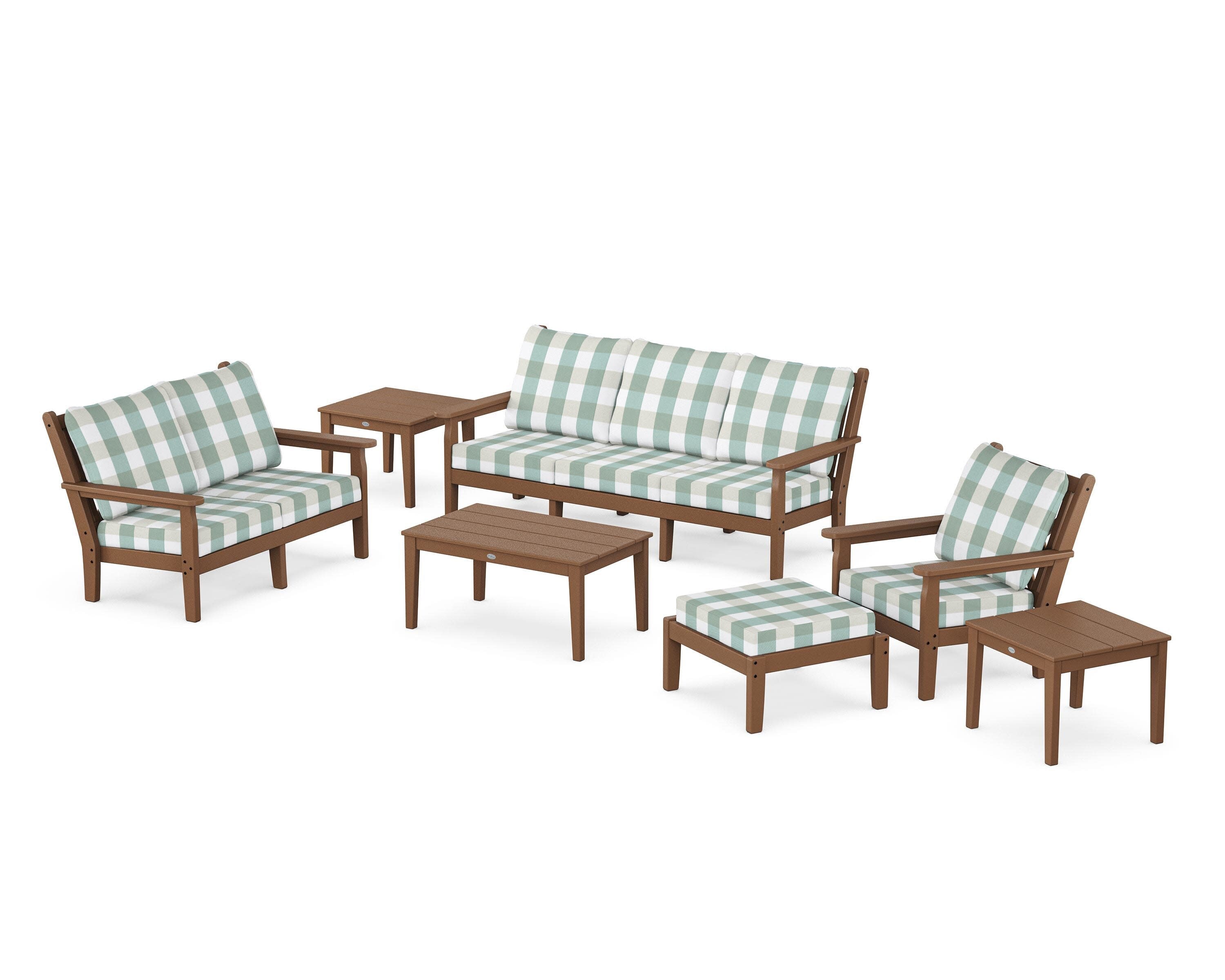 Chippendale 7-Piece Deep Seating Set in Teak / Buffalo Plaid Glacier Spa