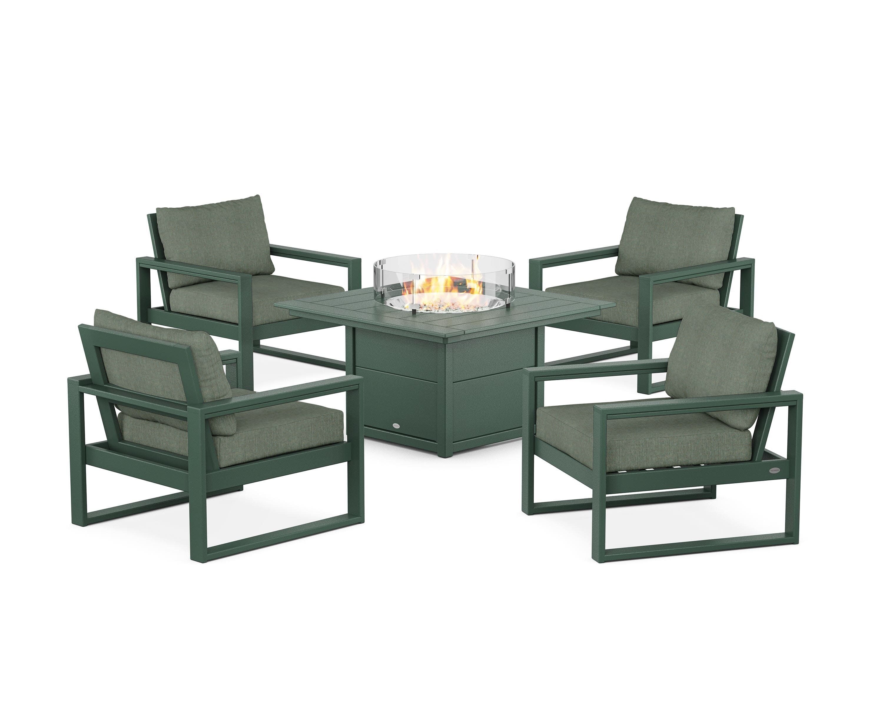 EDGE Sectional 5-Piece Deep Seating Set with Fire Pit Table in Green / Cast Sage