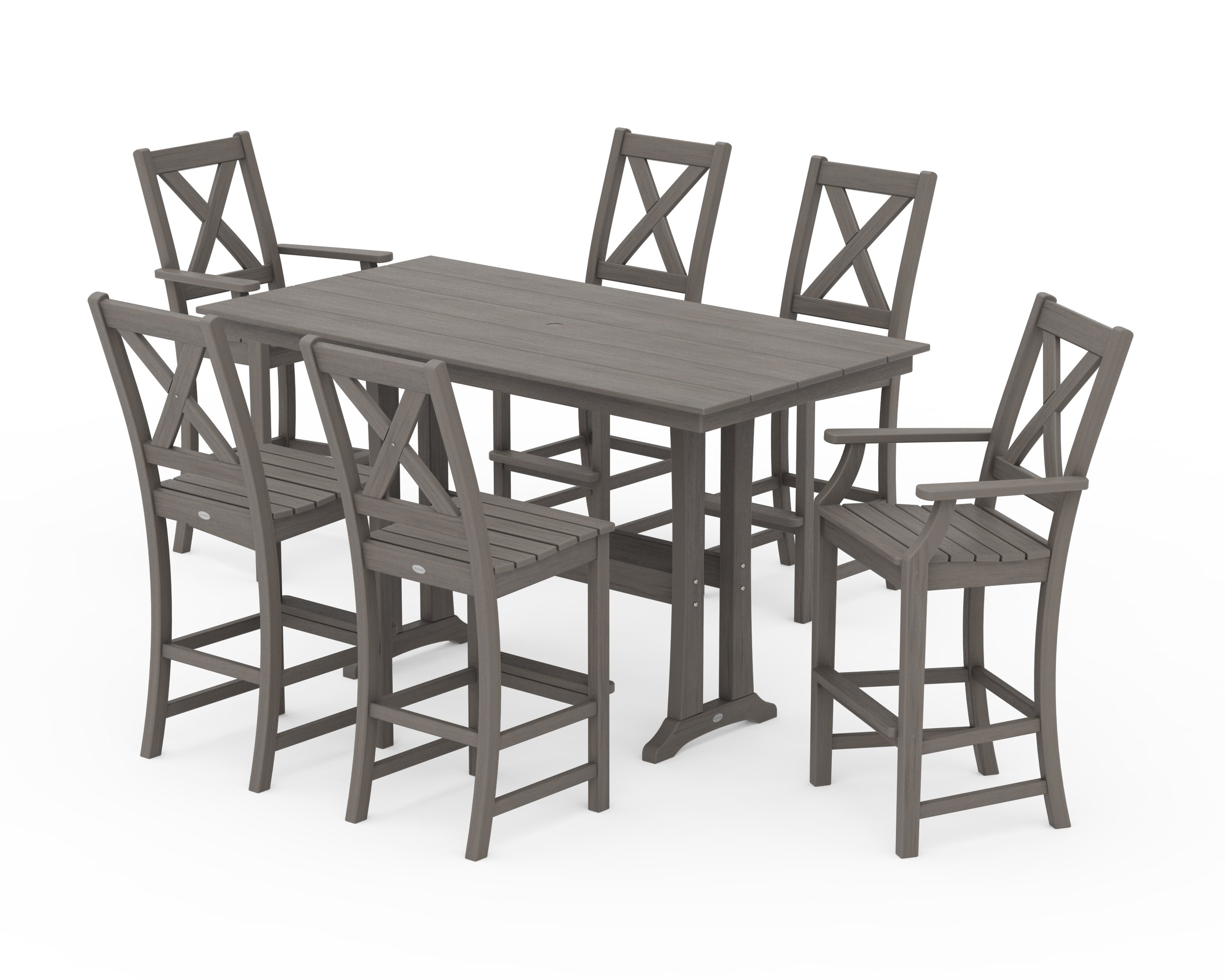 Braxton 7-Piece Farmhouse Trestle Bar Set in Driftwood