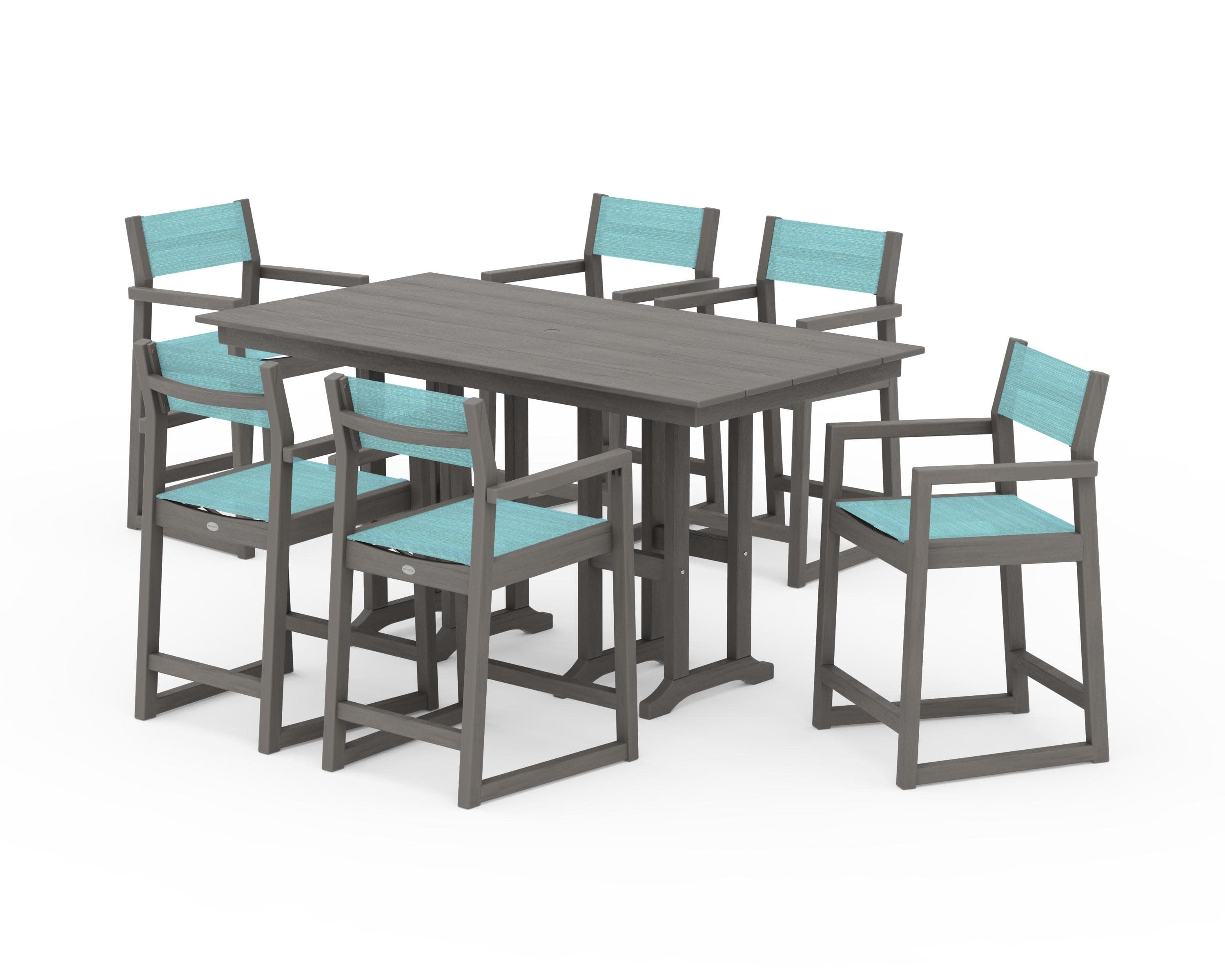 EDGE Sling Arm Chair 7-Piece Farmhouse Counter Set in Driftwood / Dupioni Aquamarine Sling