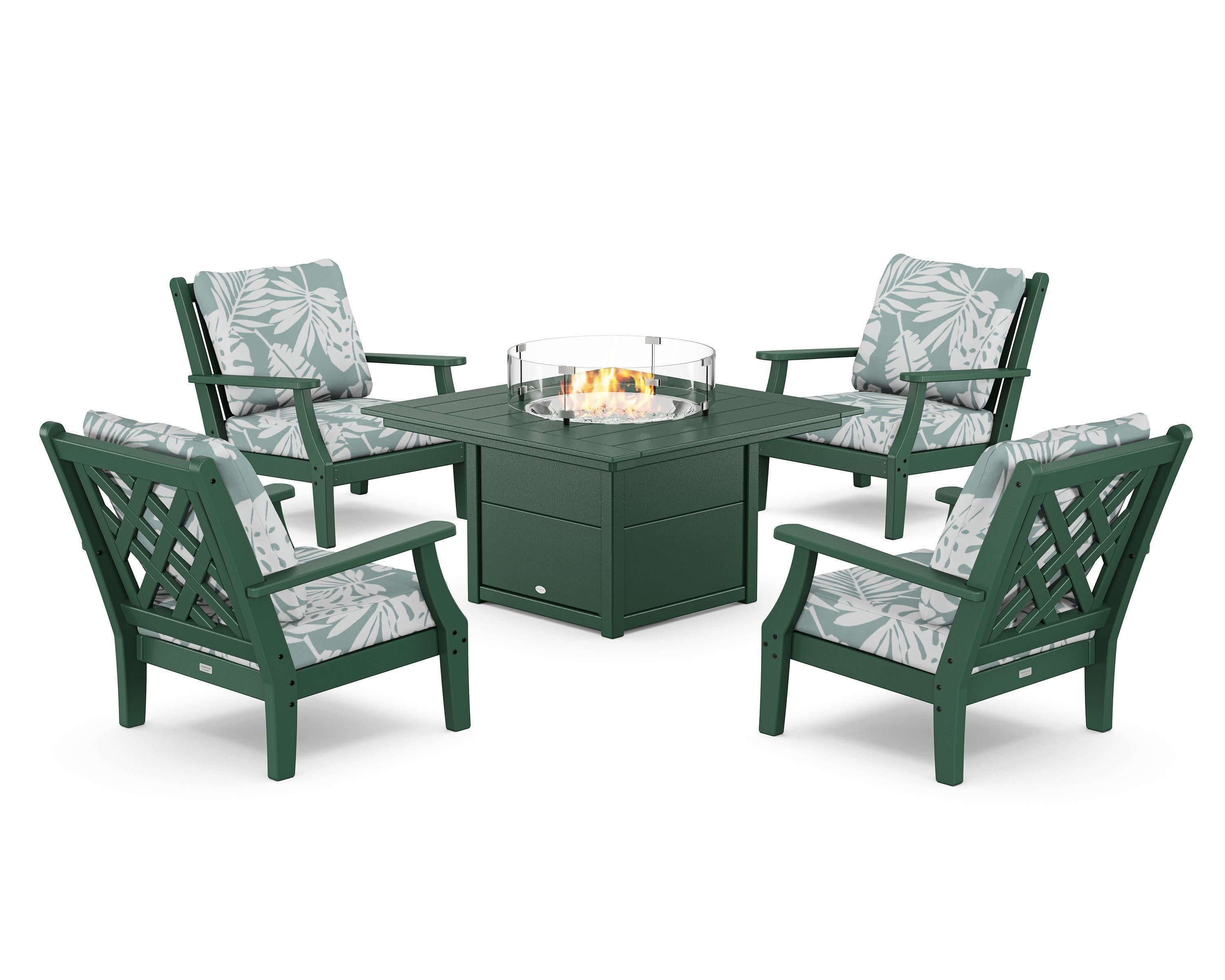 Wovendale 5-Piece Deep Seating Set with Fire Pit Table in Green / Leaf Glacier Spa