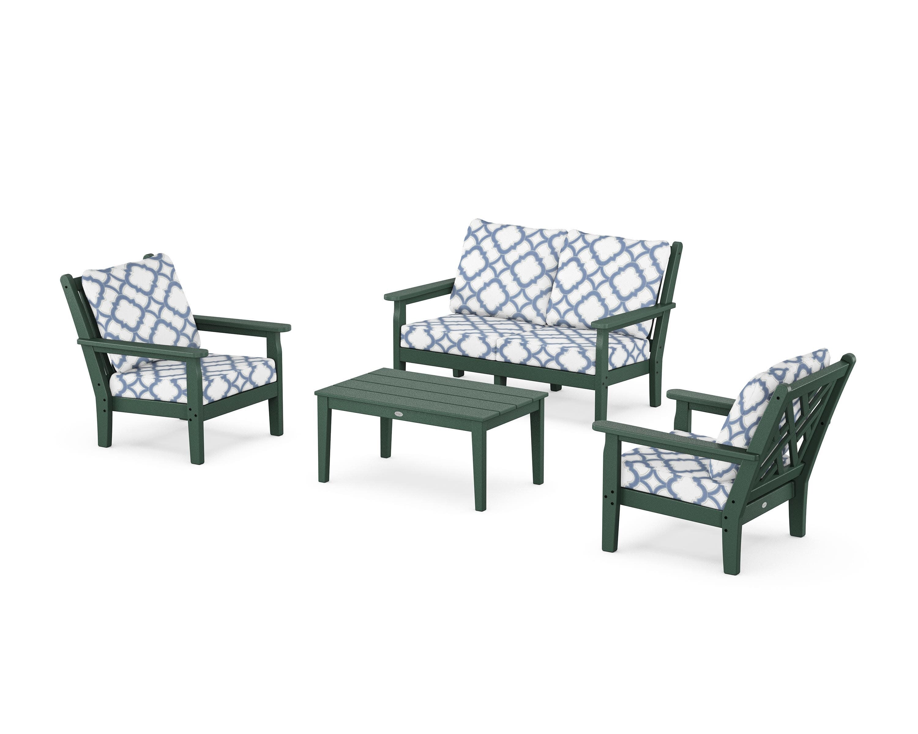 Chippendale 4-Piece Deep Seating Set with Loveseat in Green / Trellis Sky Blue